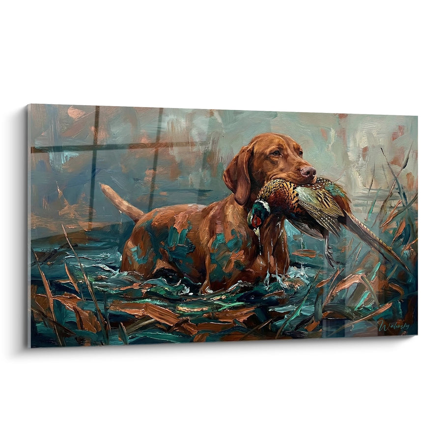Tableau Chien de Chasse Rapportant un Faisan dans les Marécages - Scène Cynégétique - Édition Vizsla