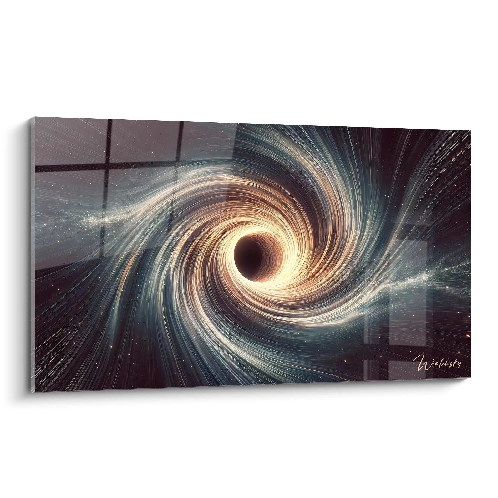 Une vue d’ensemble hypnotique : ce tableau espace montre un vortex cosmique aux spirales dorées et bleues captivantes, attirant l’œil vers son centre mystérieux. Contrastes noir-or-bleu fascinants.

