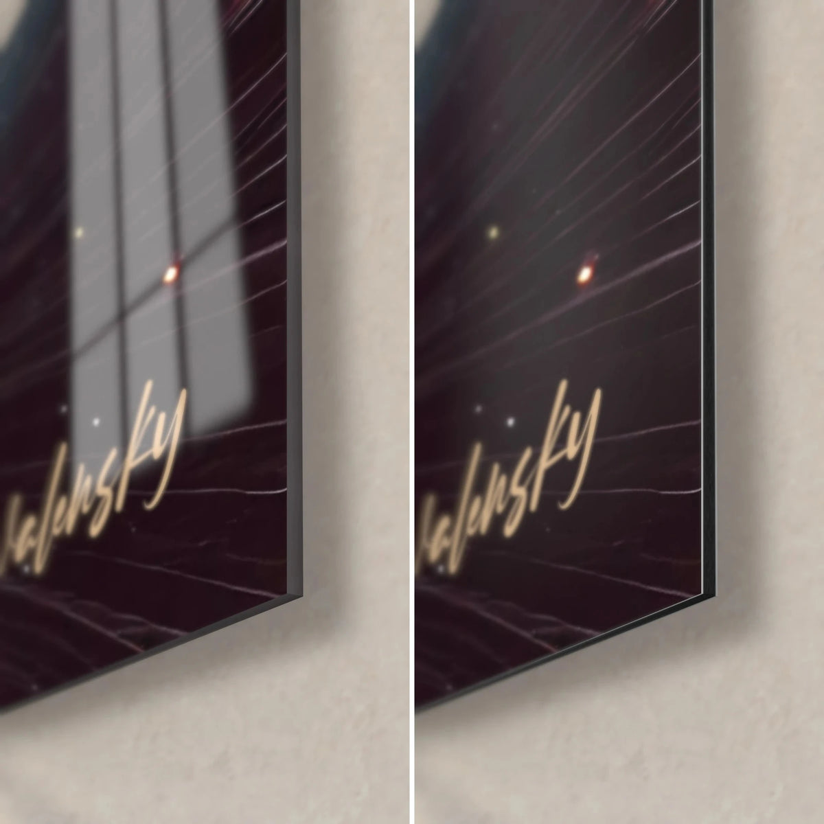 Wall art spiral galaxy, bottom right corner: glossy glass on the left, matte Dibond aluminium on the right, gold signature on a burgundy background