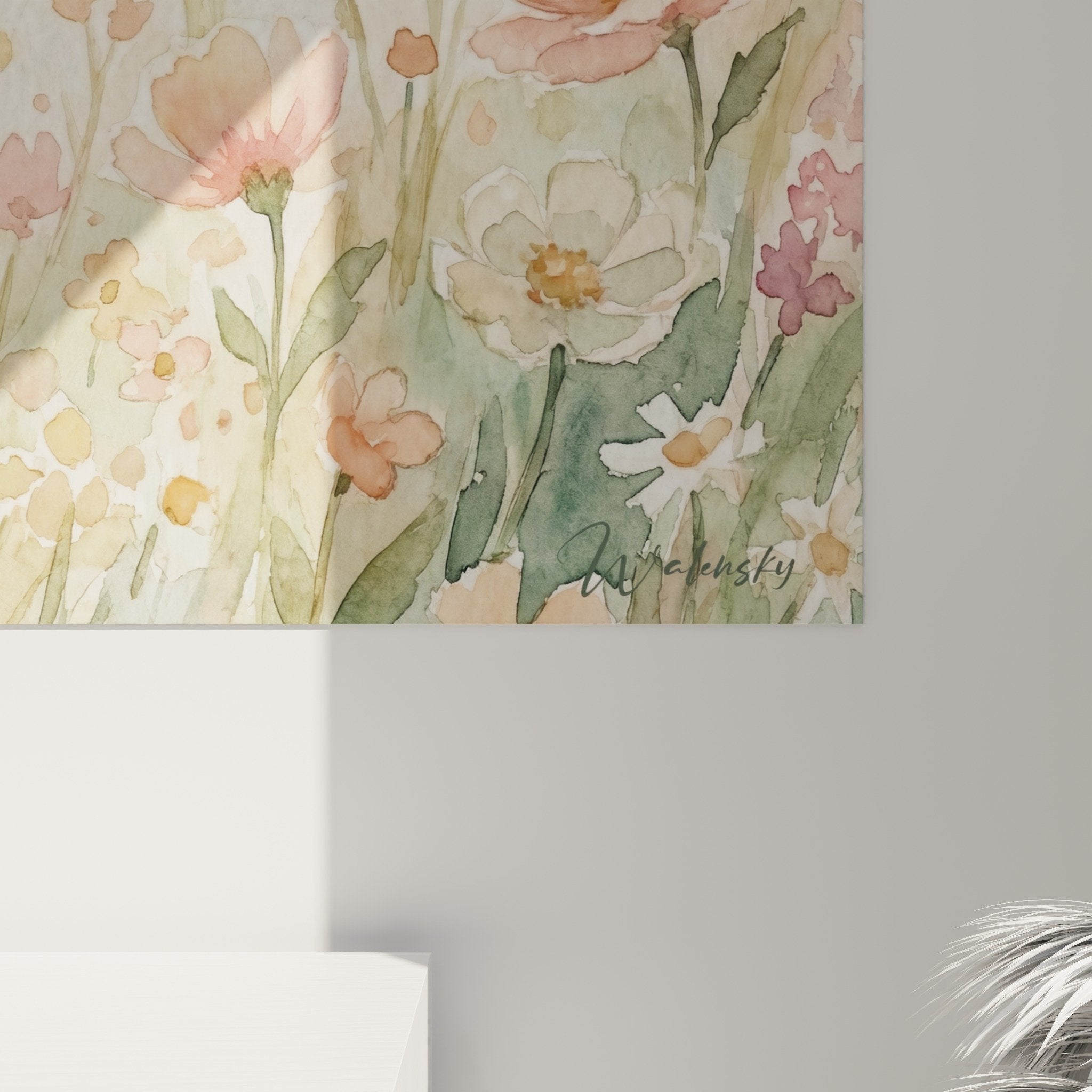 Gesamtansicht Aquarell anon blühendes Feld rosa pfirsich beige Wanddekoration