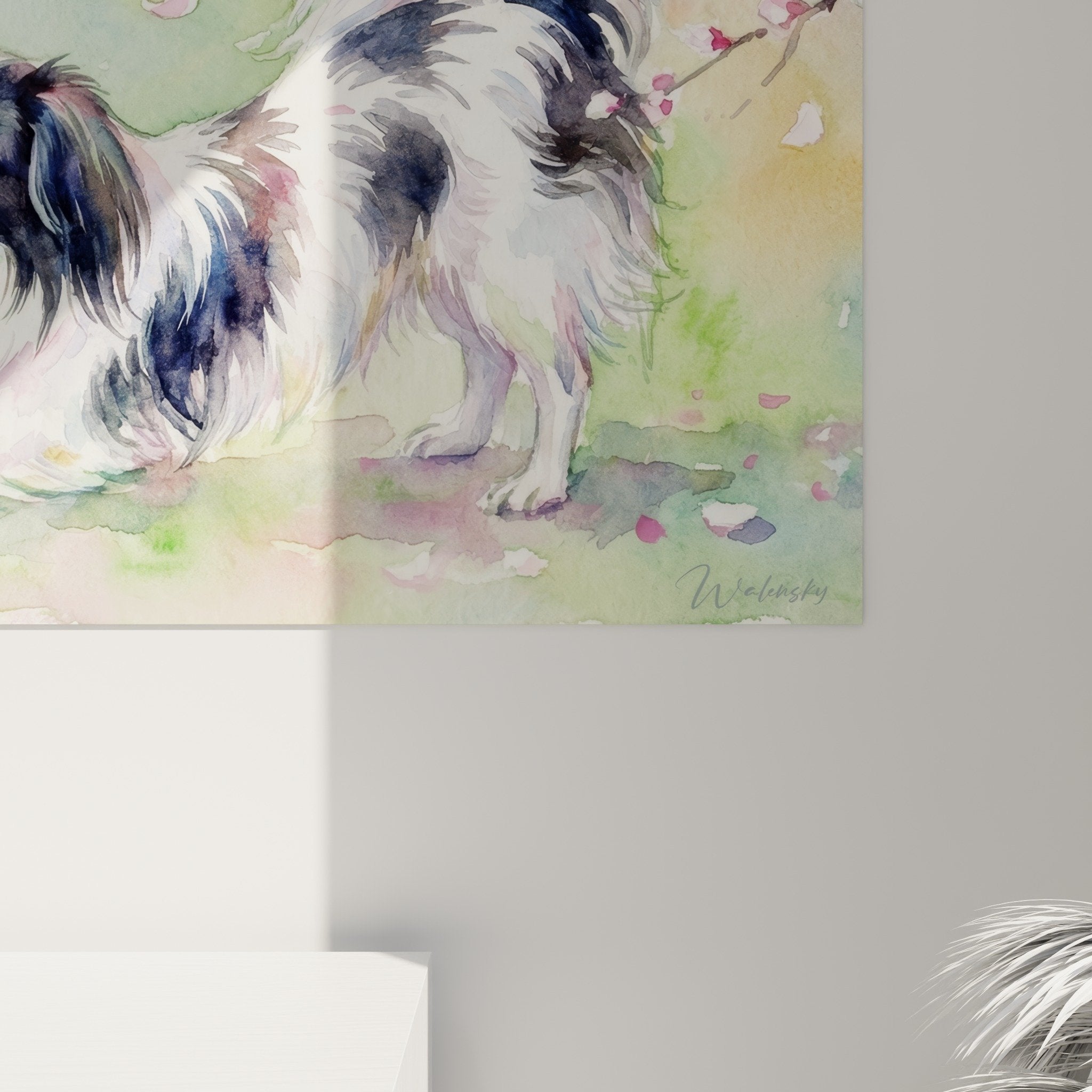 Vue ensemble aquarelle chien cerisiers japonais tons roses verts decoration interieur zen