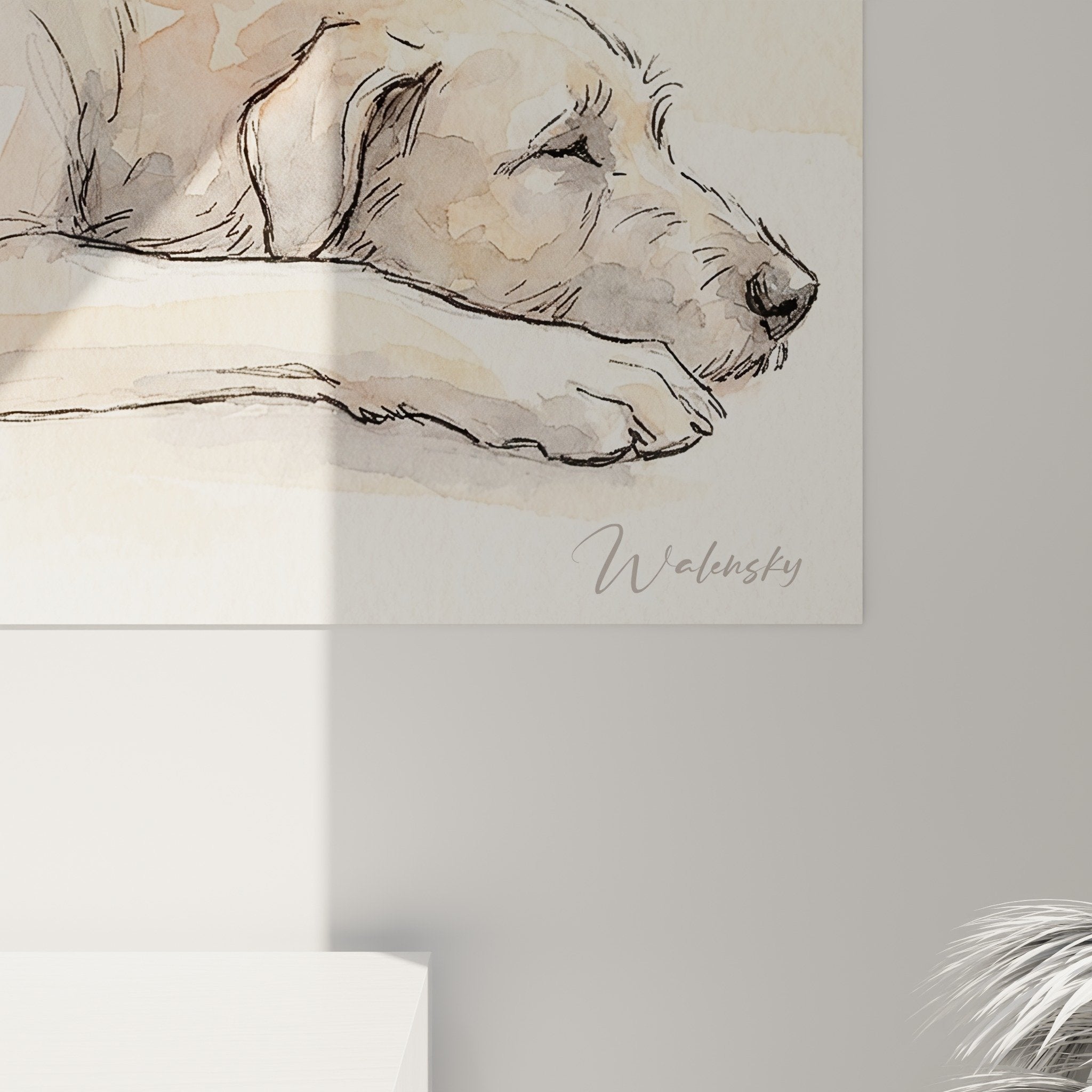 Vue ensemble aquarelle Irish Wolfhound repos petit chien fauve - palette chromatique douce art animalier
