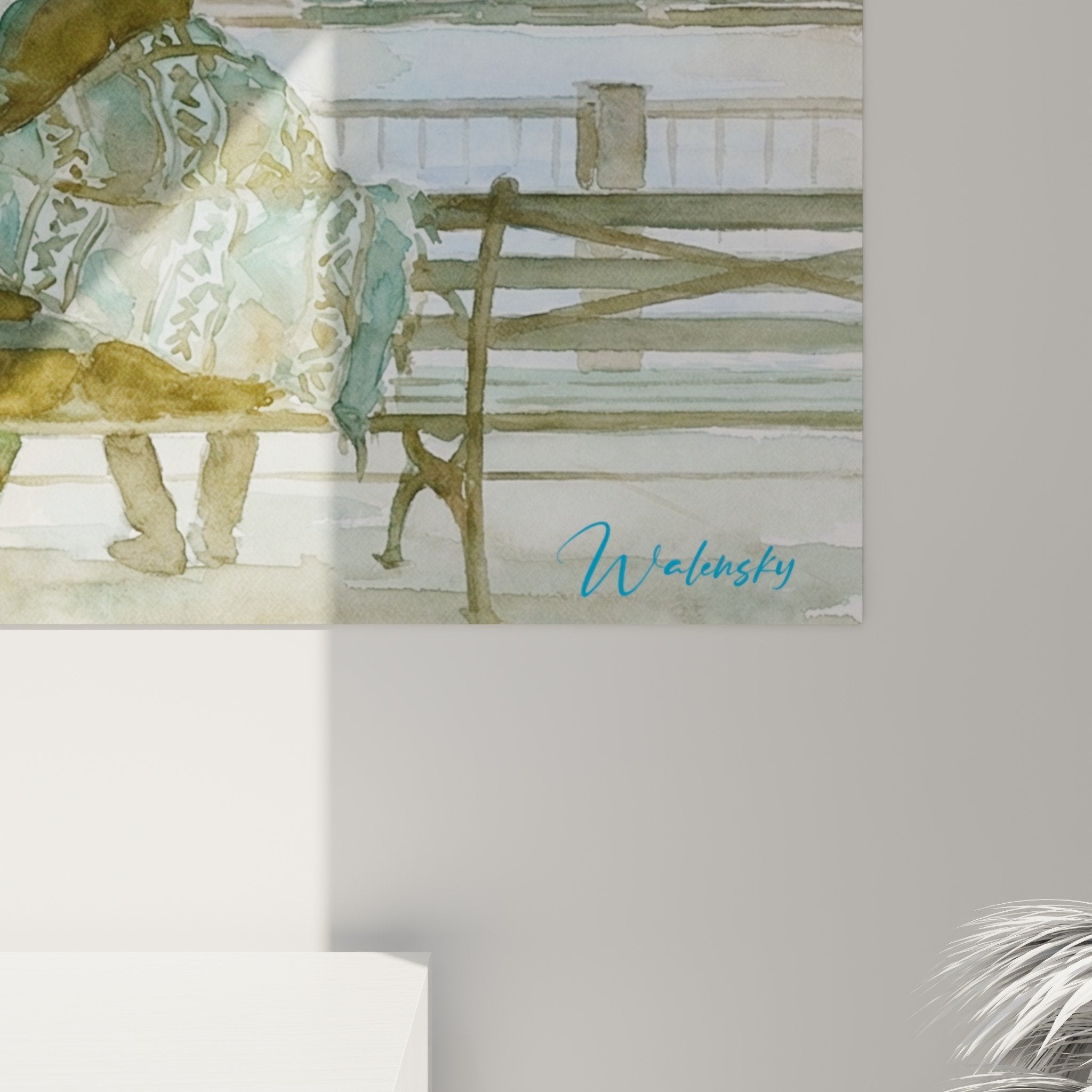 Vue ensemble aquarelle Manhattan skyline couple promenade, œuvre murale tons poudrés style contemplatif urbain