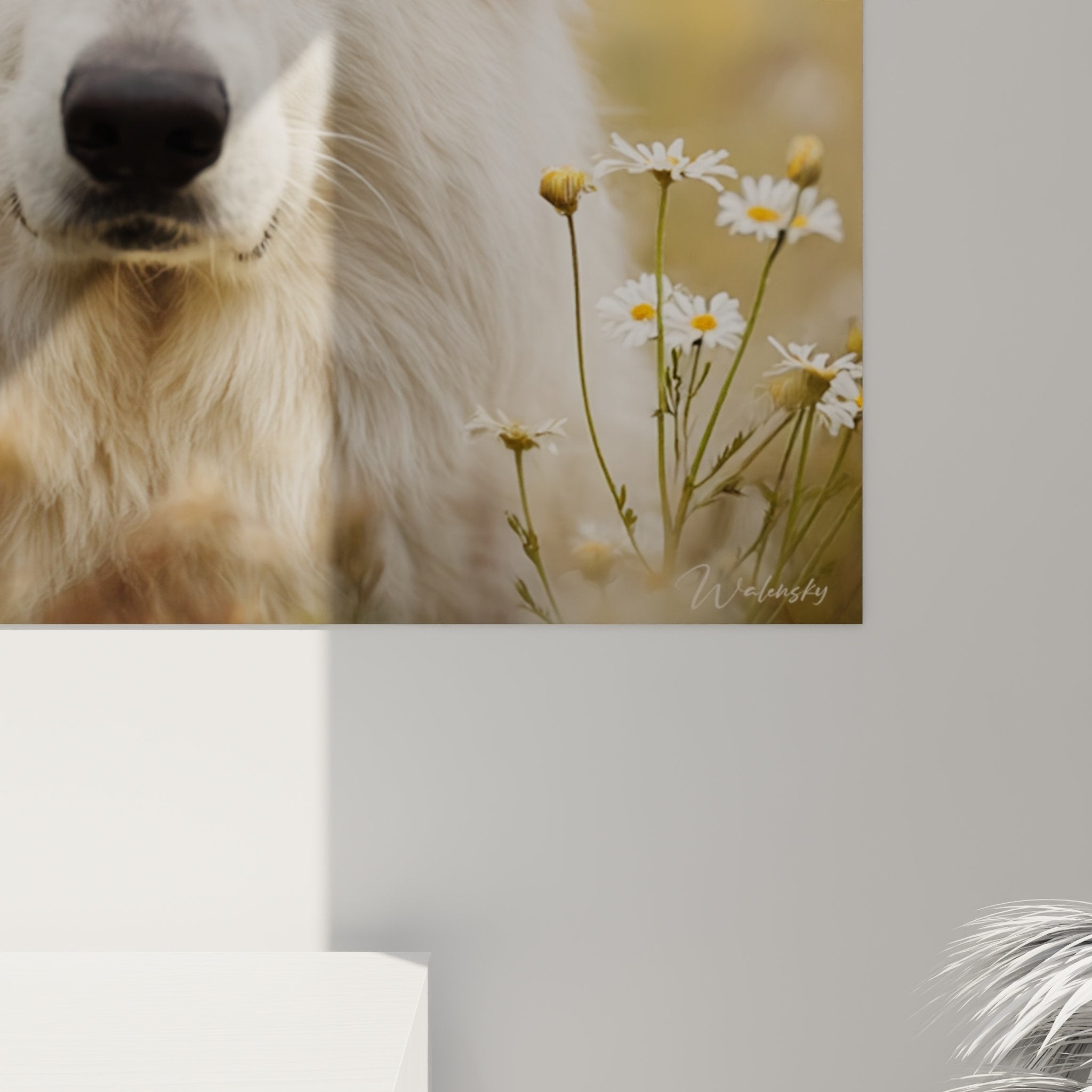Gesamtansicht Gemälde Weißer Schweizer Schäferhund Gänseblümchenfeld natürliche Töne Beige Weiß