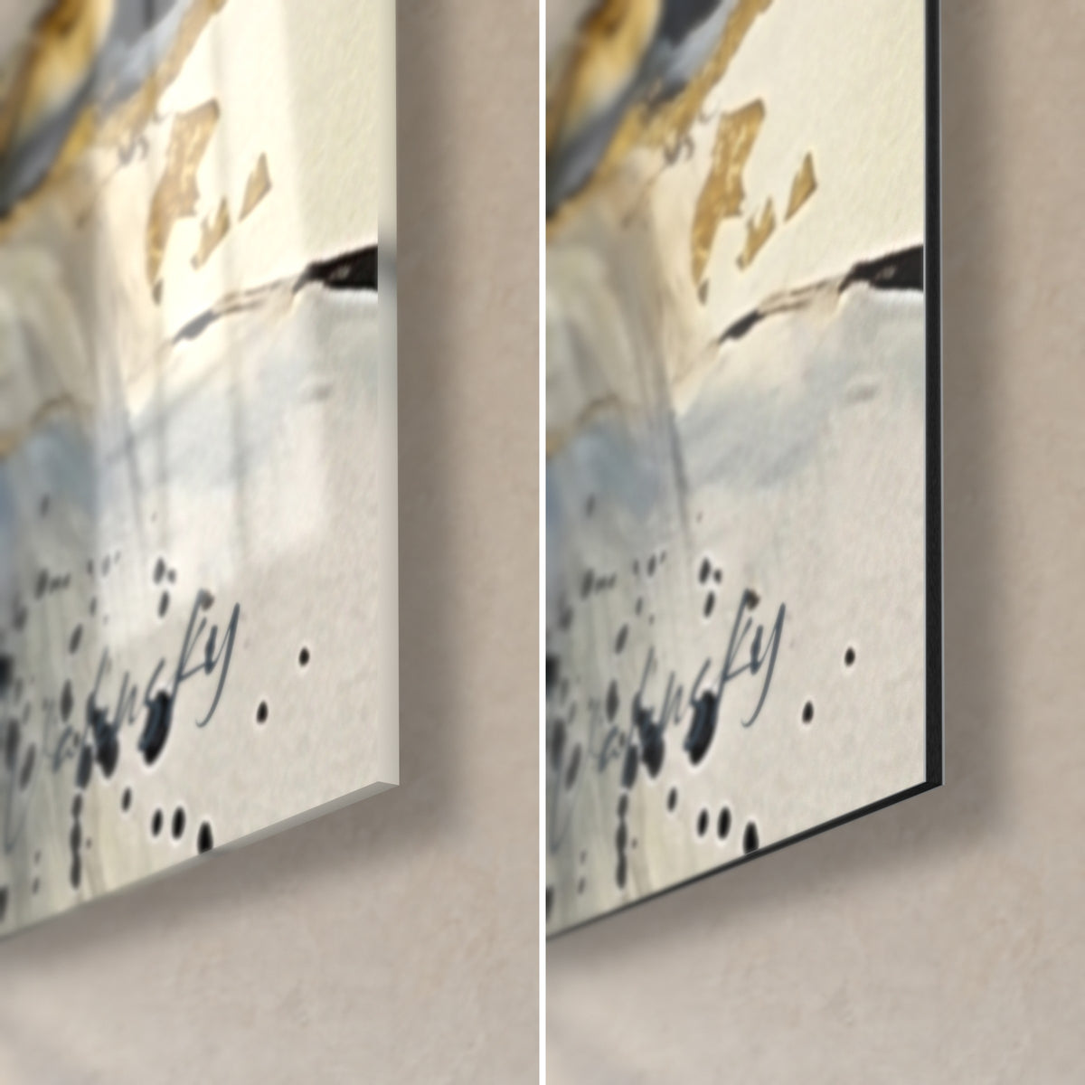 Wall art dog portrait, bottom right corner: black signature and ink stains on cream, glossy glass on the left, matte Dibond on the right, 3 mm black edge