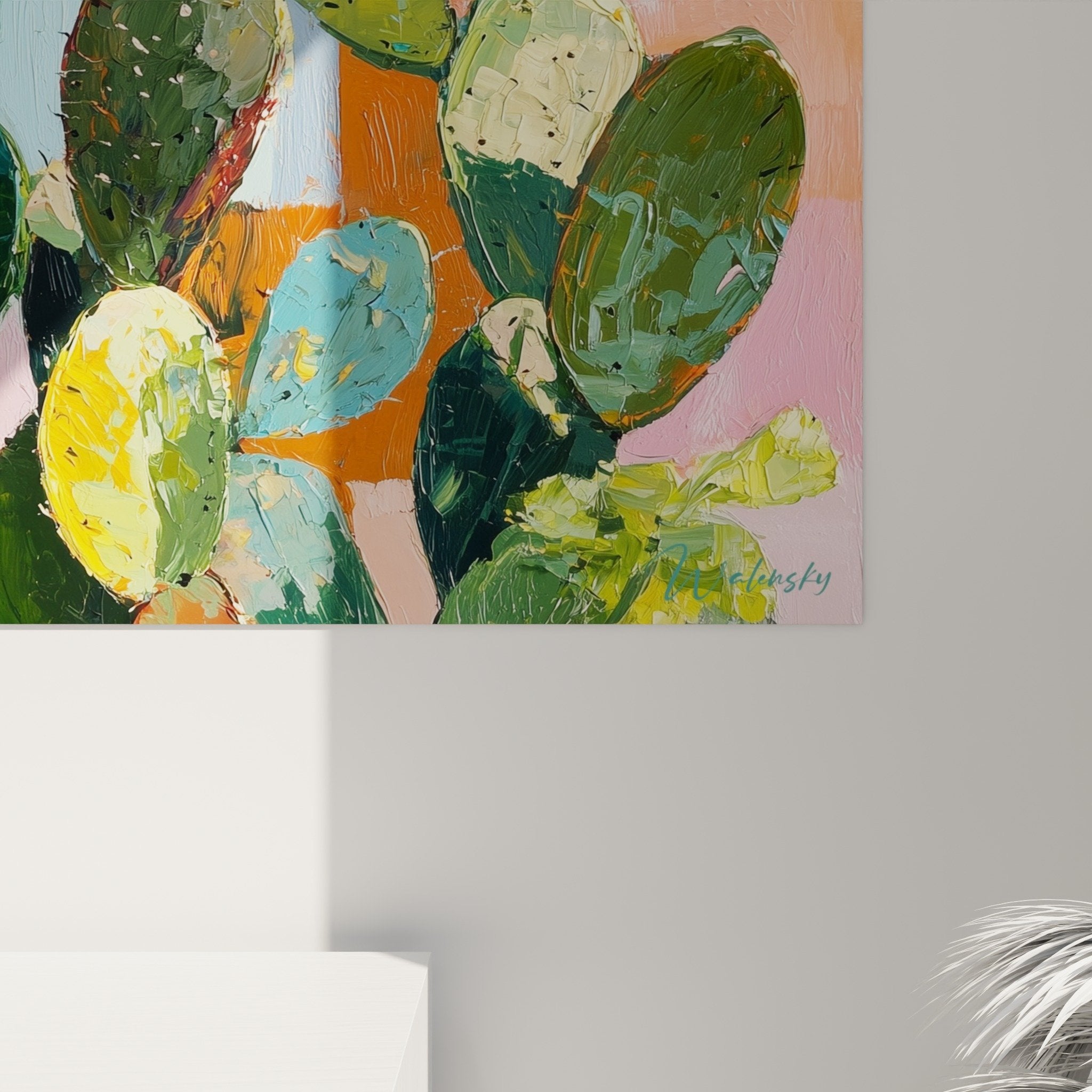 vue ensemble tableau cactus panoramique mur blanc decoration salon style cubiste plantes grasses colorees