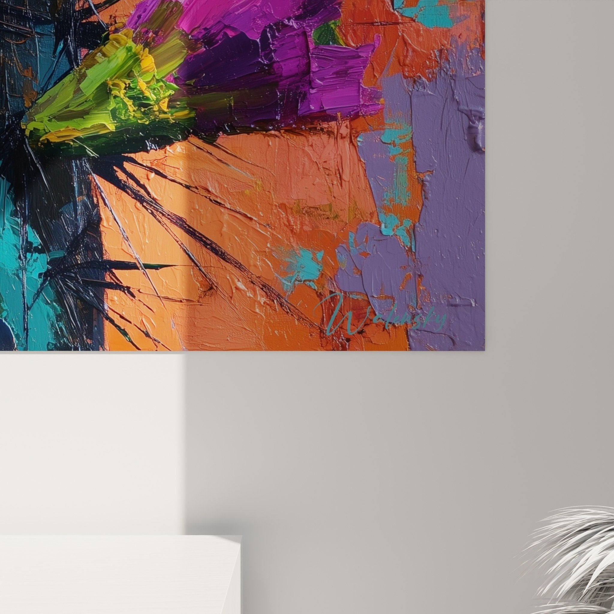 Overall view cactus purple orange turquoise flowers modern wall art contemporary decor desert