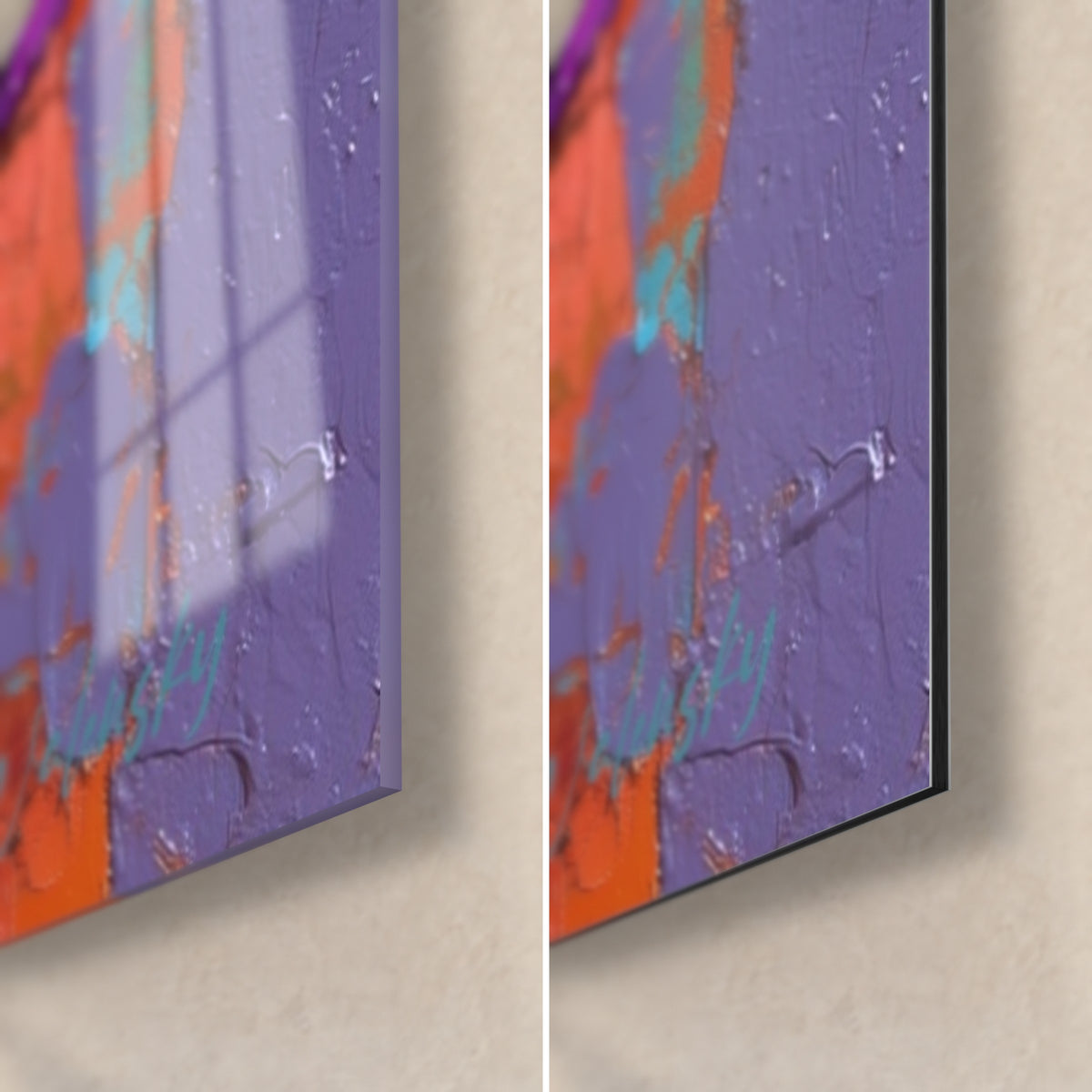 Cuadro cactus morado en pintura gruesa, esquina inferior derecha: cristal acrílico brillante y aluminio Dibond mate, canto de 3 mm