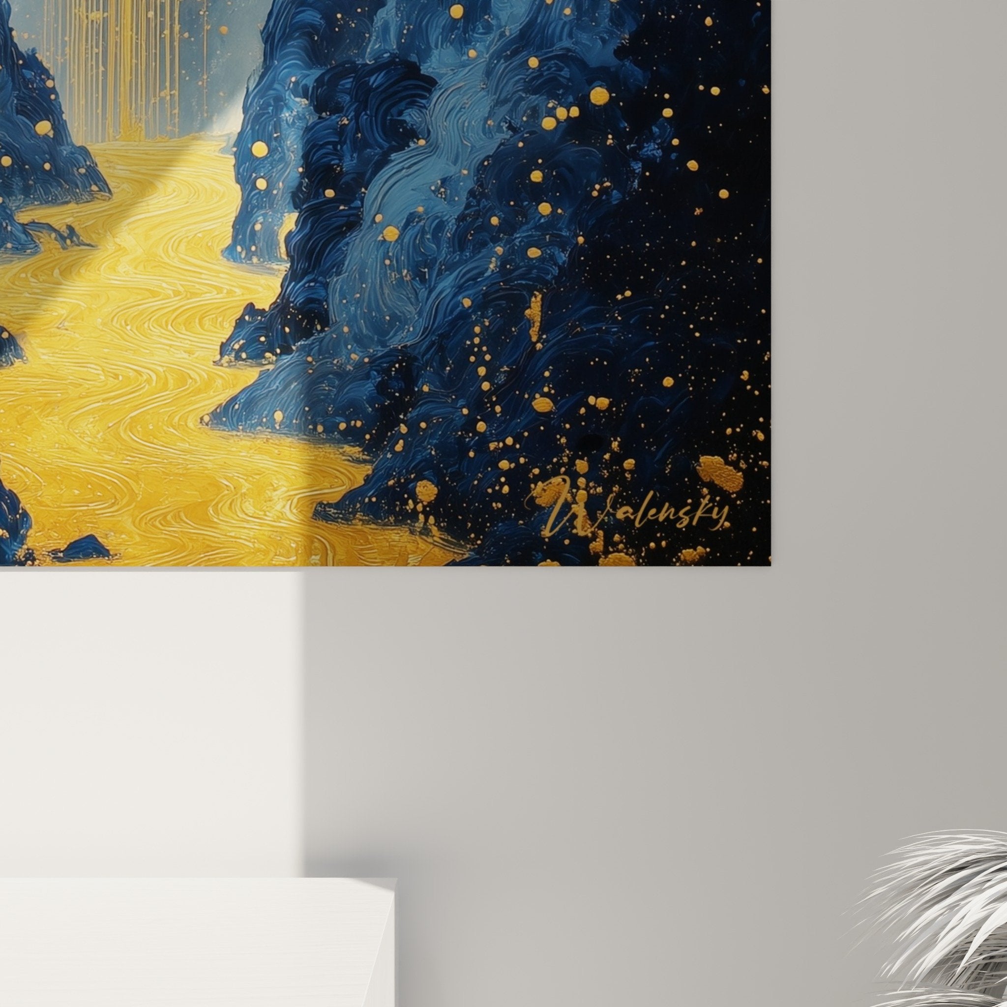 Overall view of nocturnal waterfall painting with golden blue indigo tones, golden pines misty rocks feng shui north water element