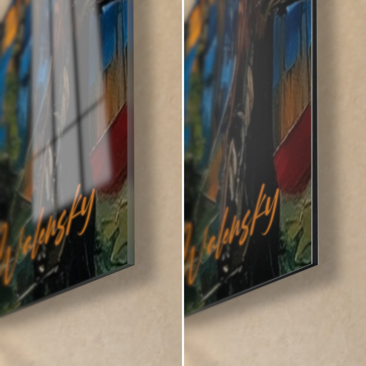 Wall art undergrowth in golden rays, bottom right corner: glossy acrylic glass reflecting on the left, matte Dibond aluminium on the right