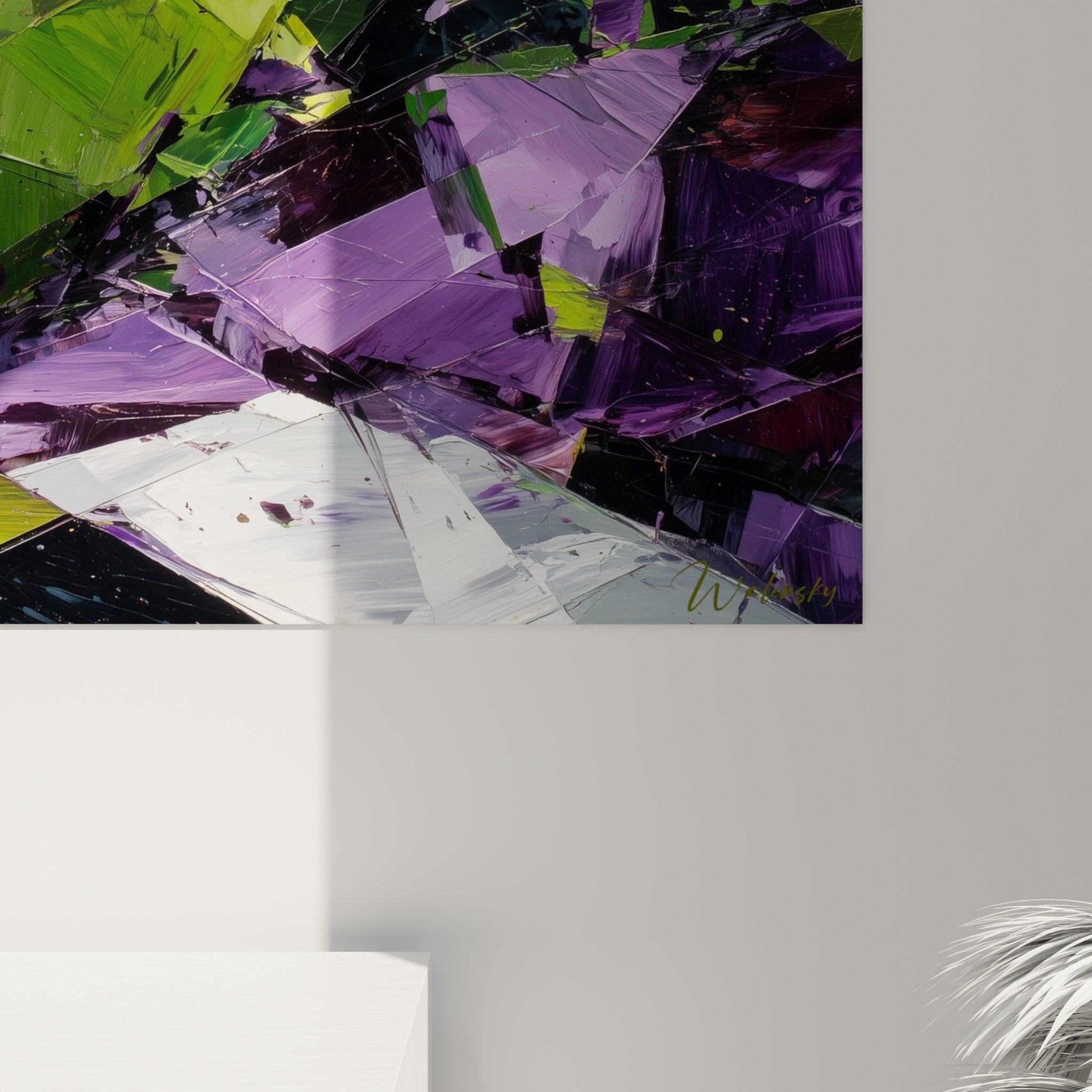 Abstract composition overall view with colorful green and purple splashes wall art feng shui decor