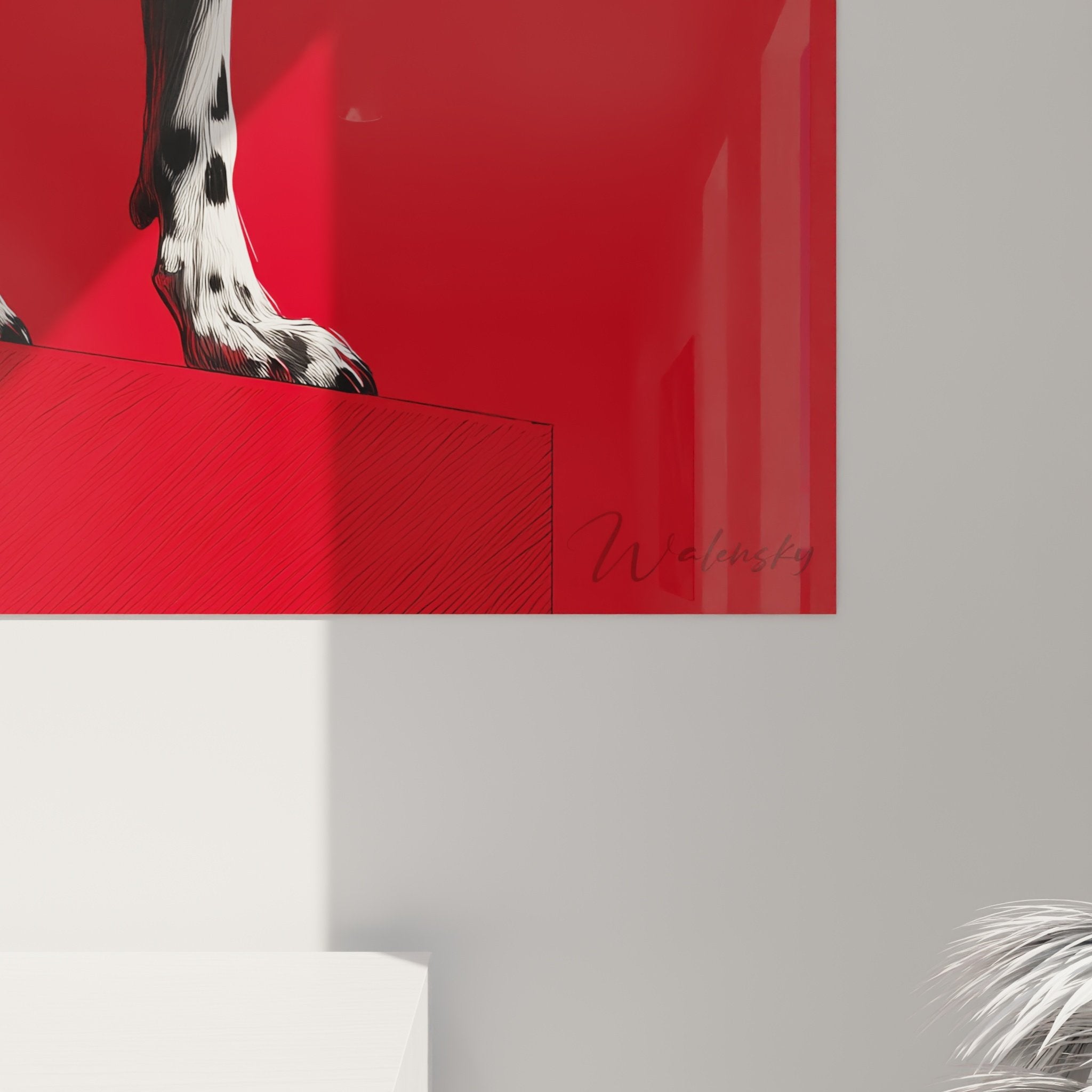 Vue ensemble tableau dalmatien rouge geometrique decoration interieur moderne