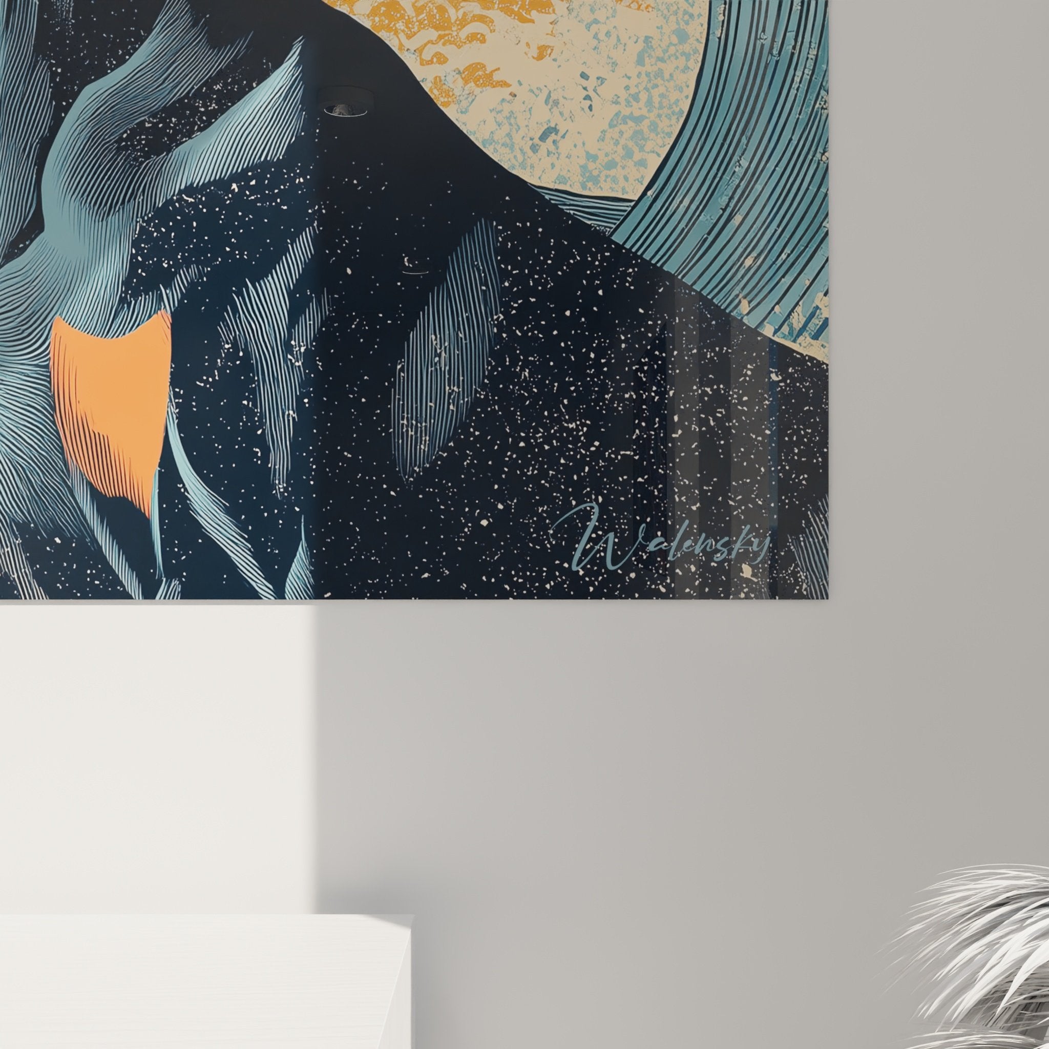 Vue ensemble tableau doberman vagues japonaises orange decoration interieur moderne salon