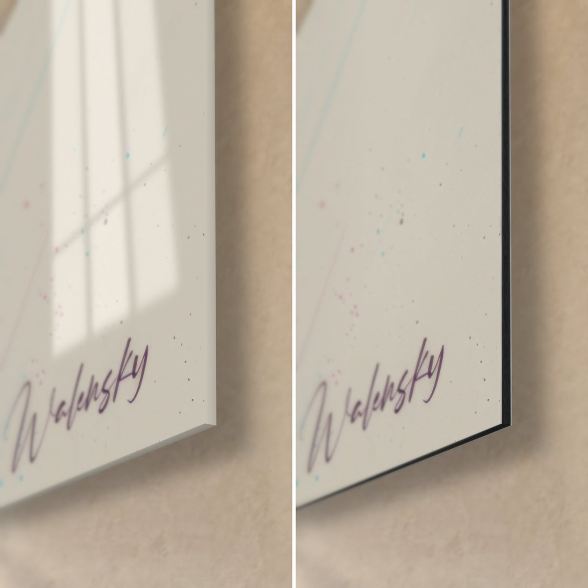 Gemälde Dobermann aus schwarzen Facetten, untere rechte Ecke: violette Walensky-Signatur, glänzendes Acrylglas und mattgraues Dibond, 3 mm Kante