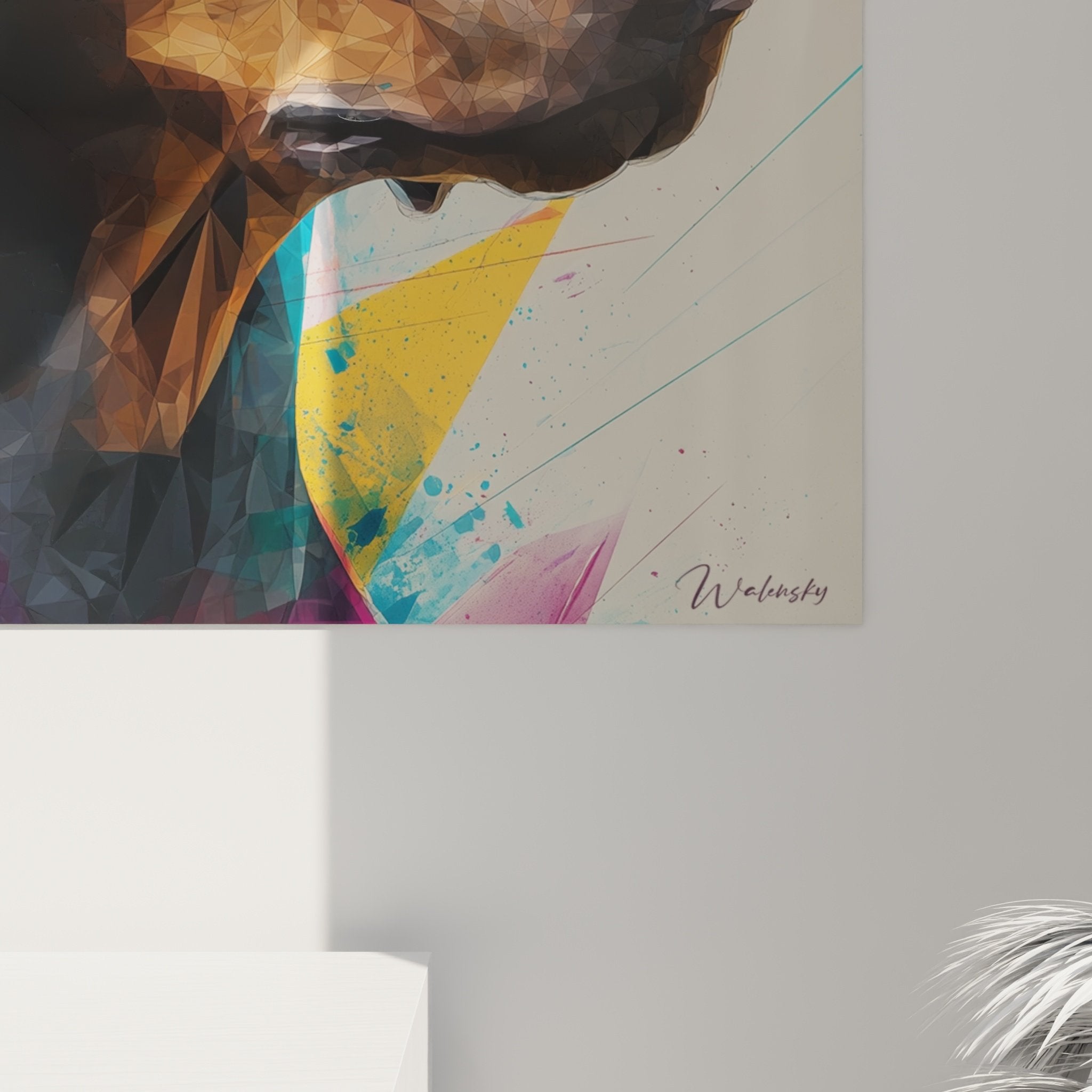 Full view stylized polygon doberman artwork with colorful artistic projections wall decoration