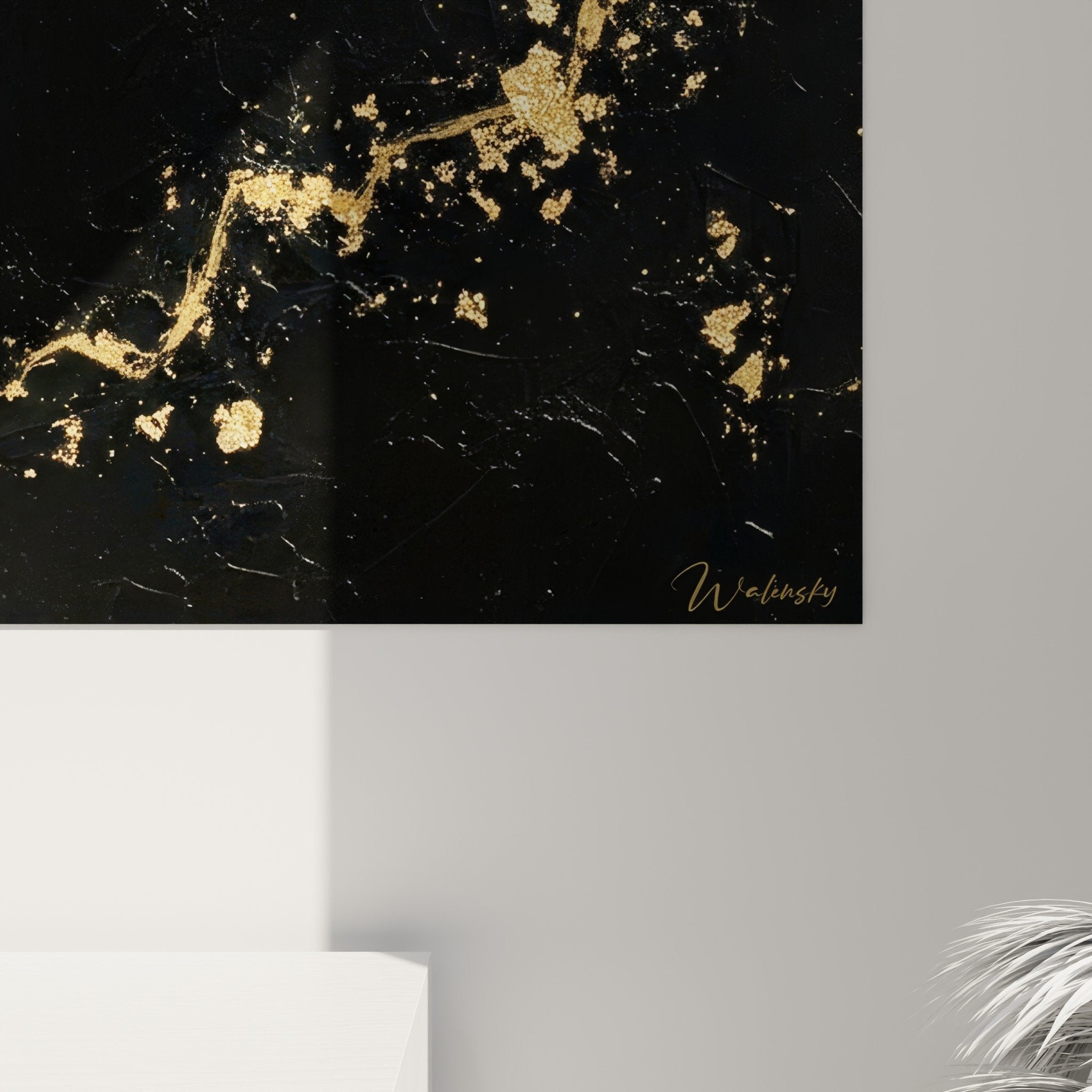 Overview abstract painting golden constellation on black minimalist japandi style