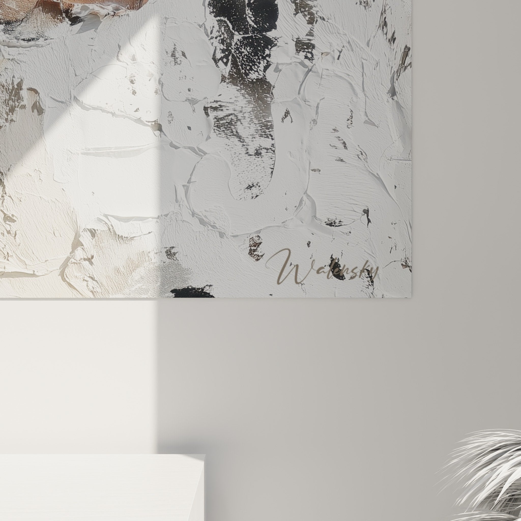 Overview abstract textured painting with white black contrasts bronze accents feng shui earth tones