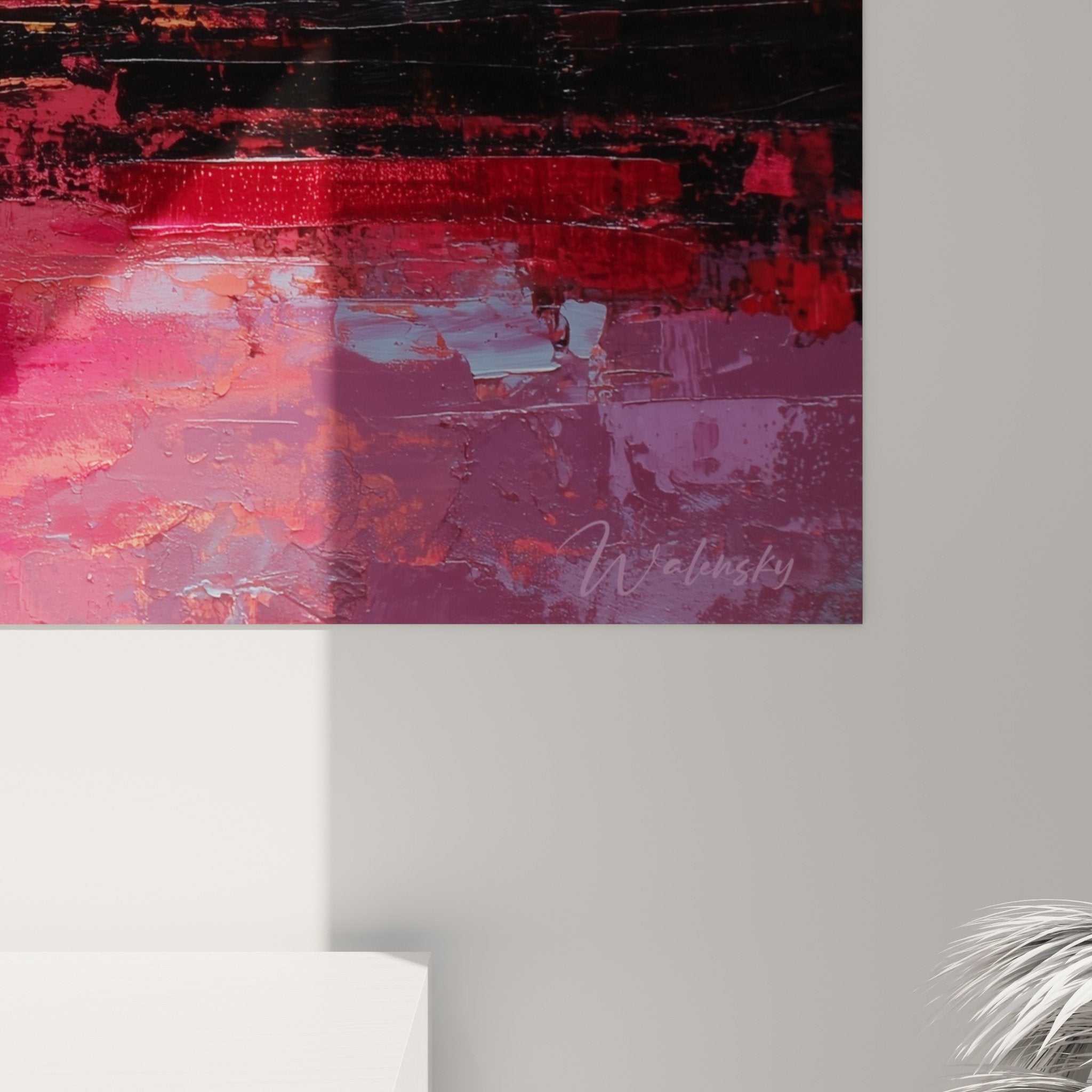 Vue ensemble tableau abstrait crépusculaire rose violet decoration murale feng shui sud-ouest