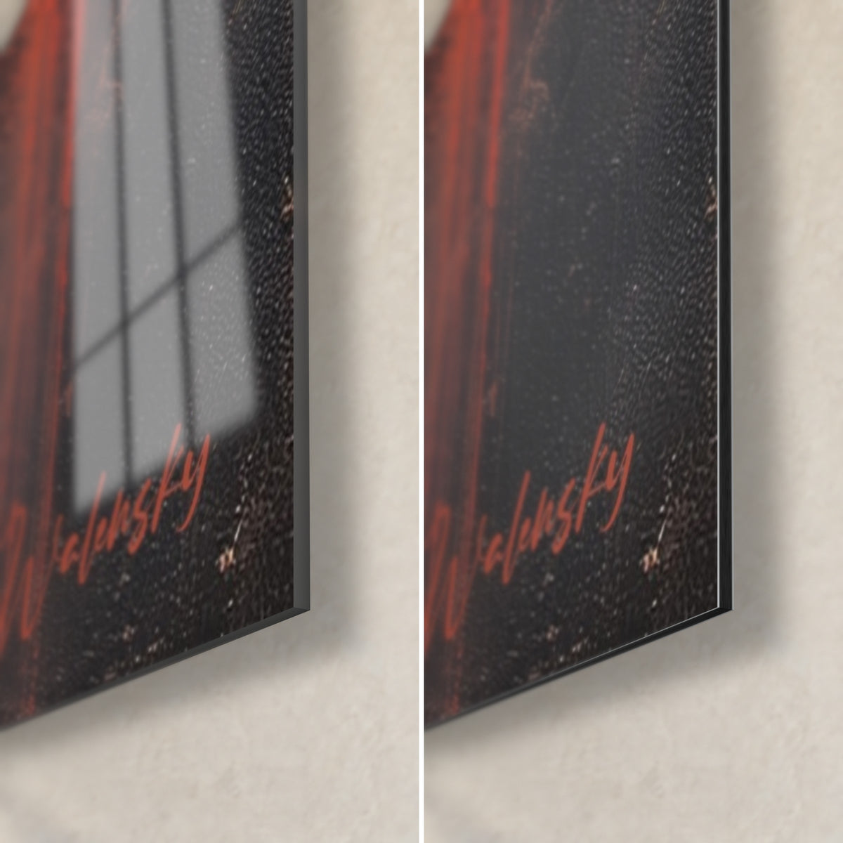 Gemälde mit rotem und schwarzem Vulkanausbruch, untere rechte Ecke: glänzendes Acrylglas links, matte Dibond-Aluminium rechts, 3 mm Kante
