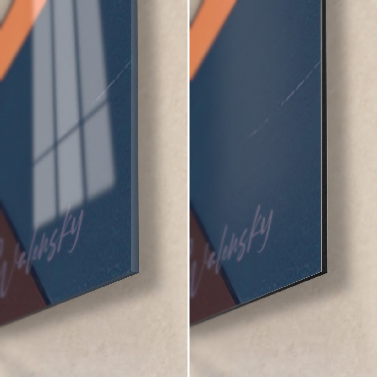 Schilderij Akita-hond, rechtsonder: glanzend acrylglas dat een raam weerspiegelt, mat middernachtblauw Dibond-aluminium, rand van 3 mm