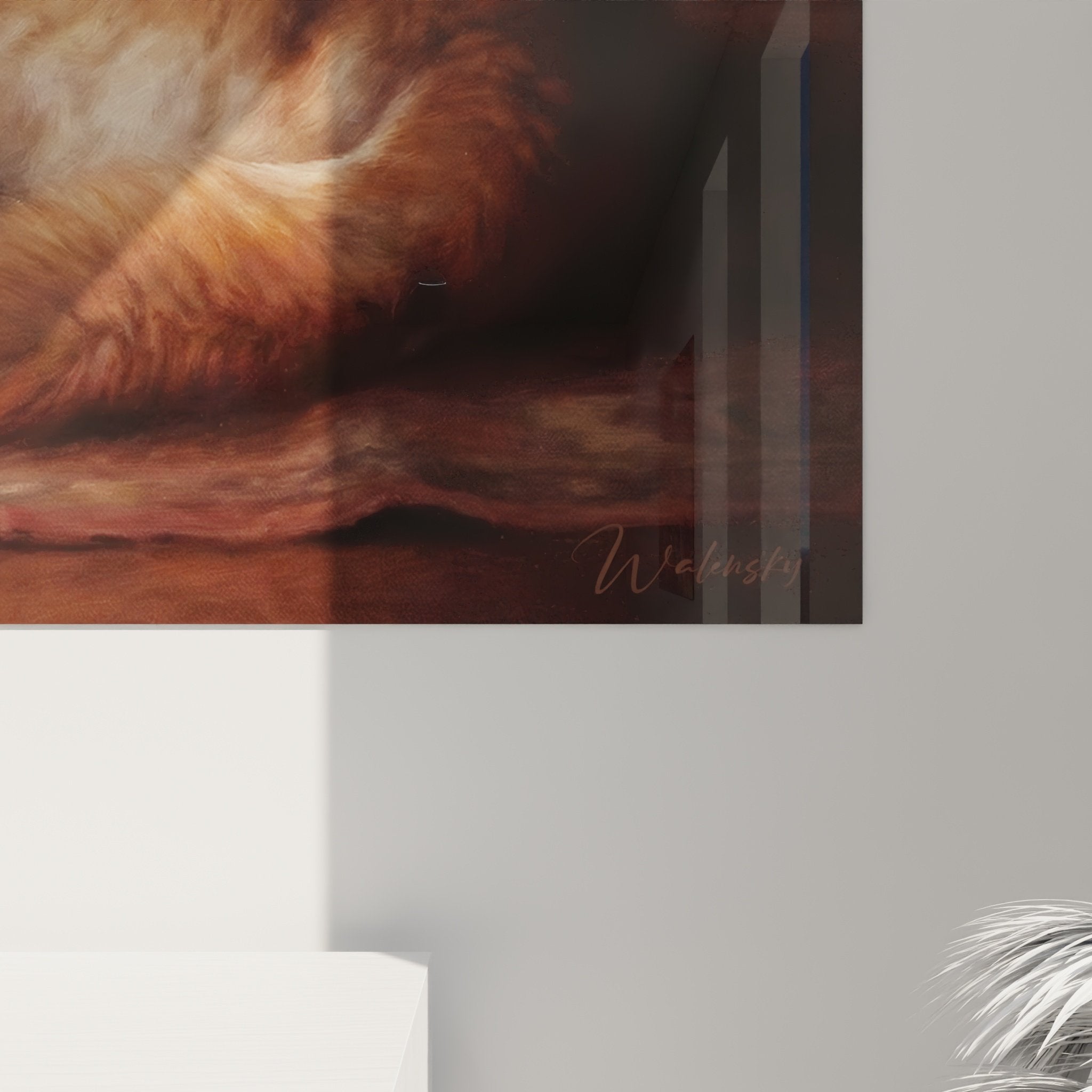 Vue d'ensemble du tableau Akita Inu dans un salon cosy avec cheminée et décoration chaleureuse