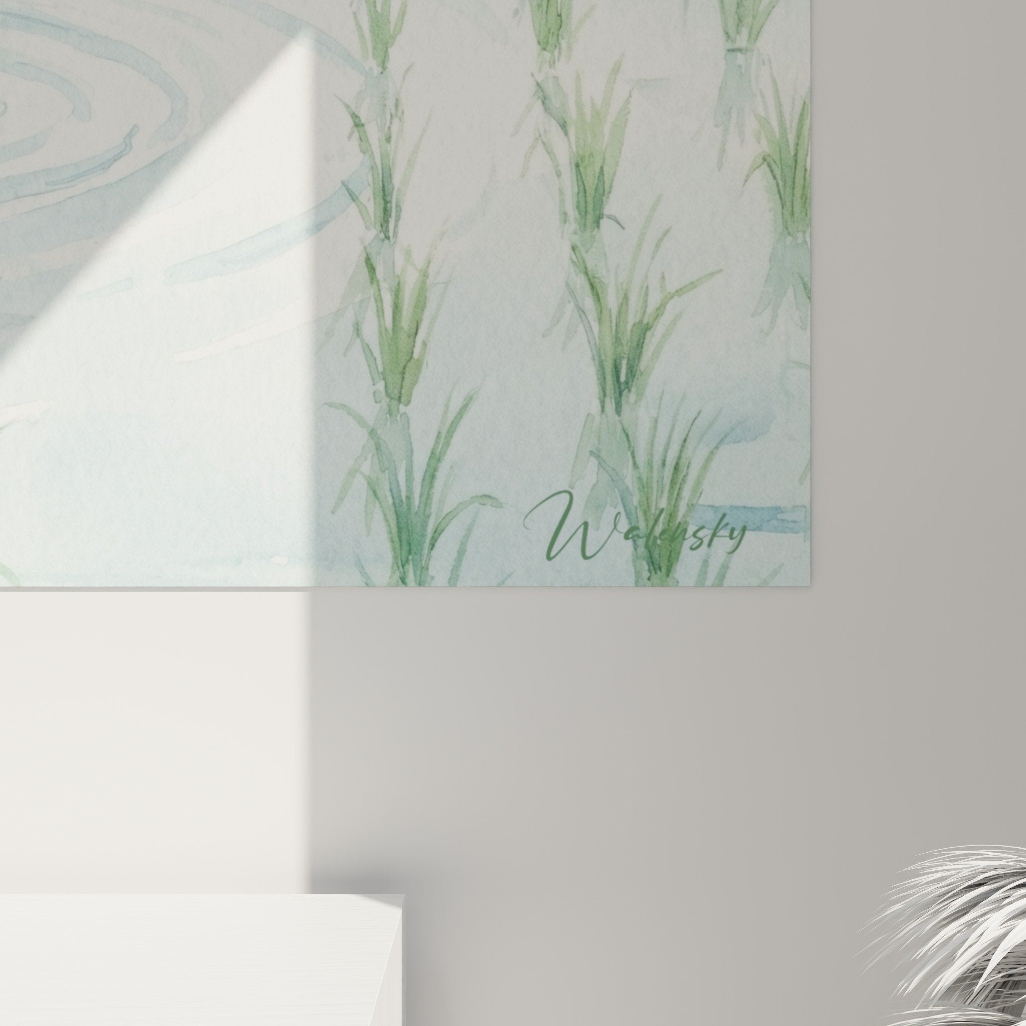 Vue ensemble tableau canards aquarelle pastel herbes aquatiques saule pleureur tons verts bleus