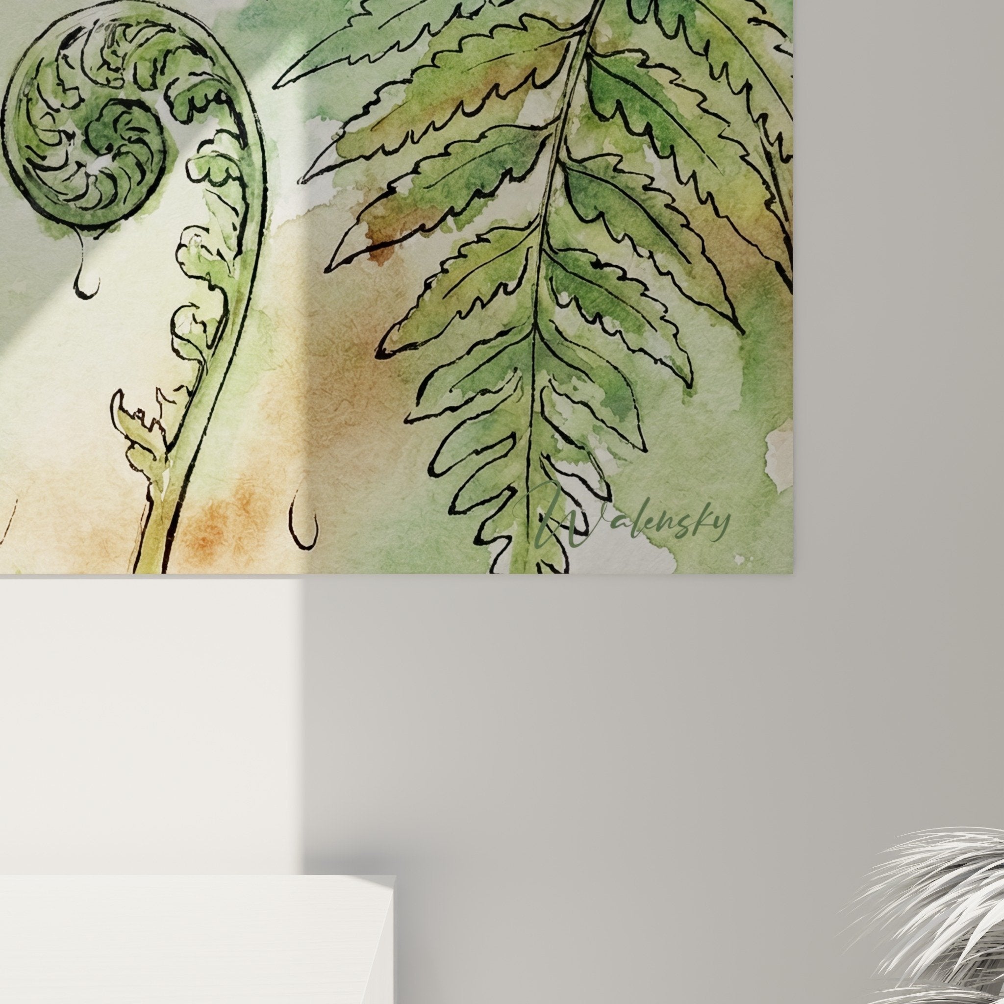 Gesamtansicht botanische Aquarell Schnecke, Komposition grüne Farne, geheime Gartenatmosphäre