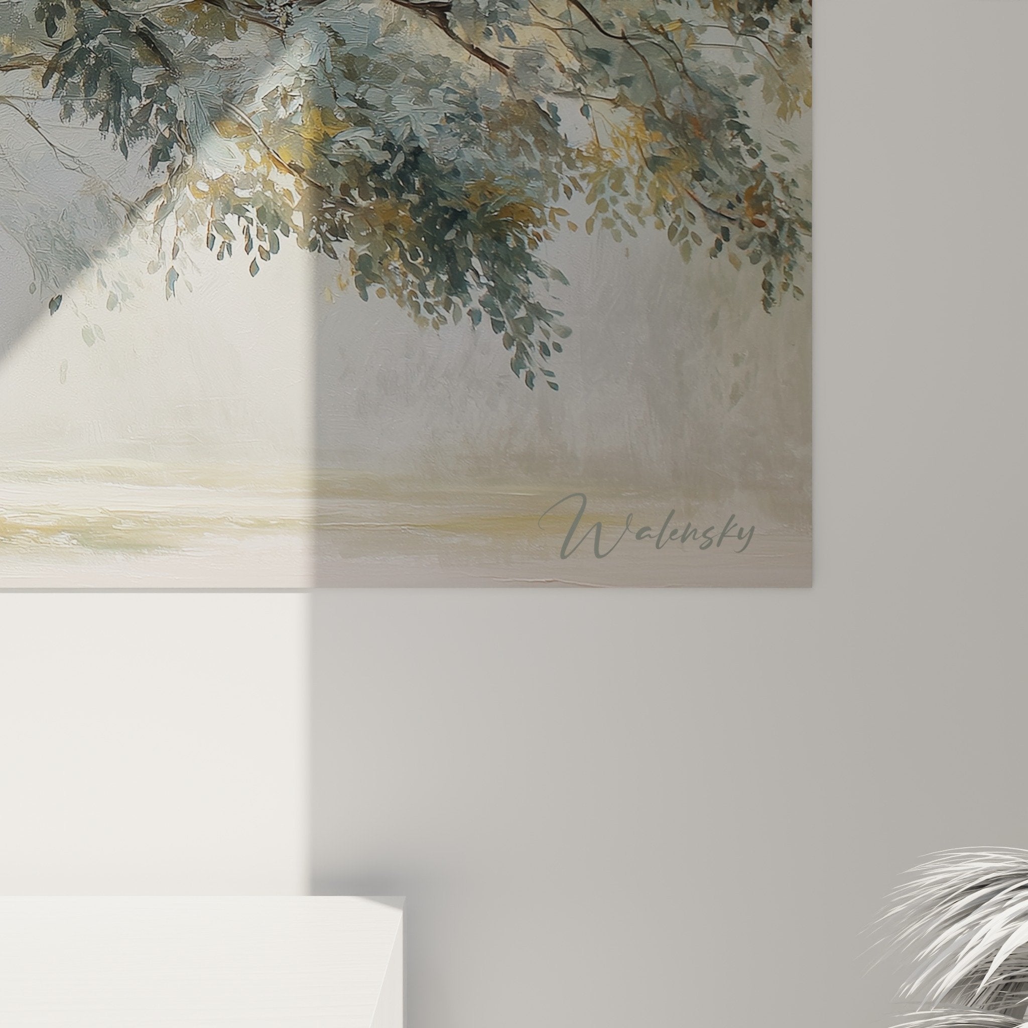 Vue d'ensemble tableau arbre de vie tons poudrés, style impressionniste contemporain