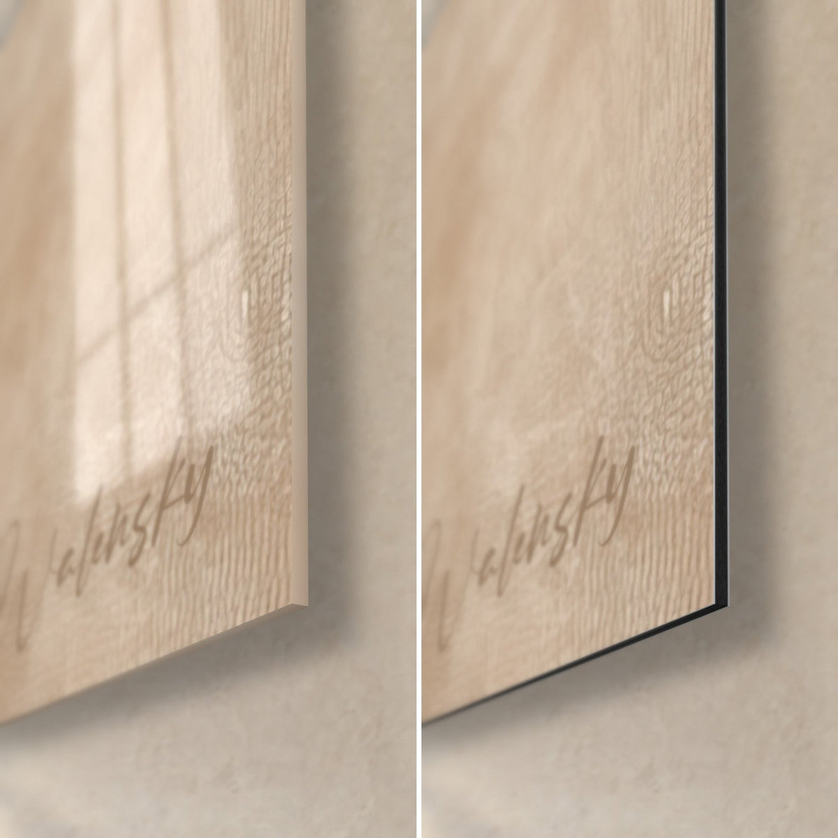 Quadro edificio fluttuante, angolo in basso a destra: vetro acrilico lucido con riflessi, alluminio Dibond beige opaco, bordo nero da 3 mm