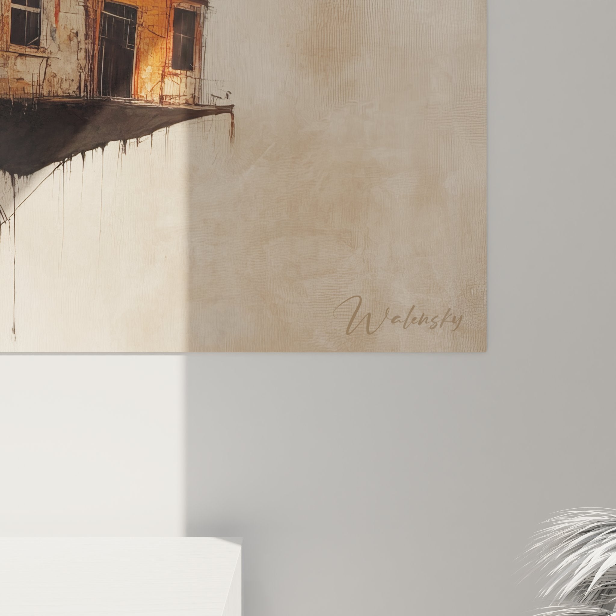 Vue ensemble tableau architectural bâtiment volant art mural surréaliste décoration moderne