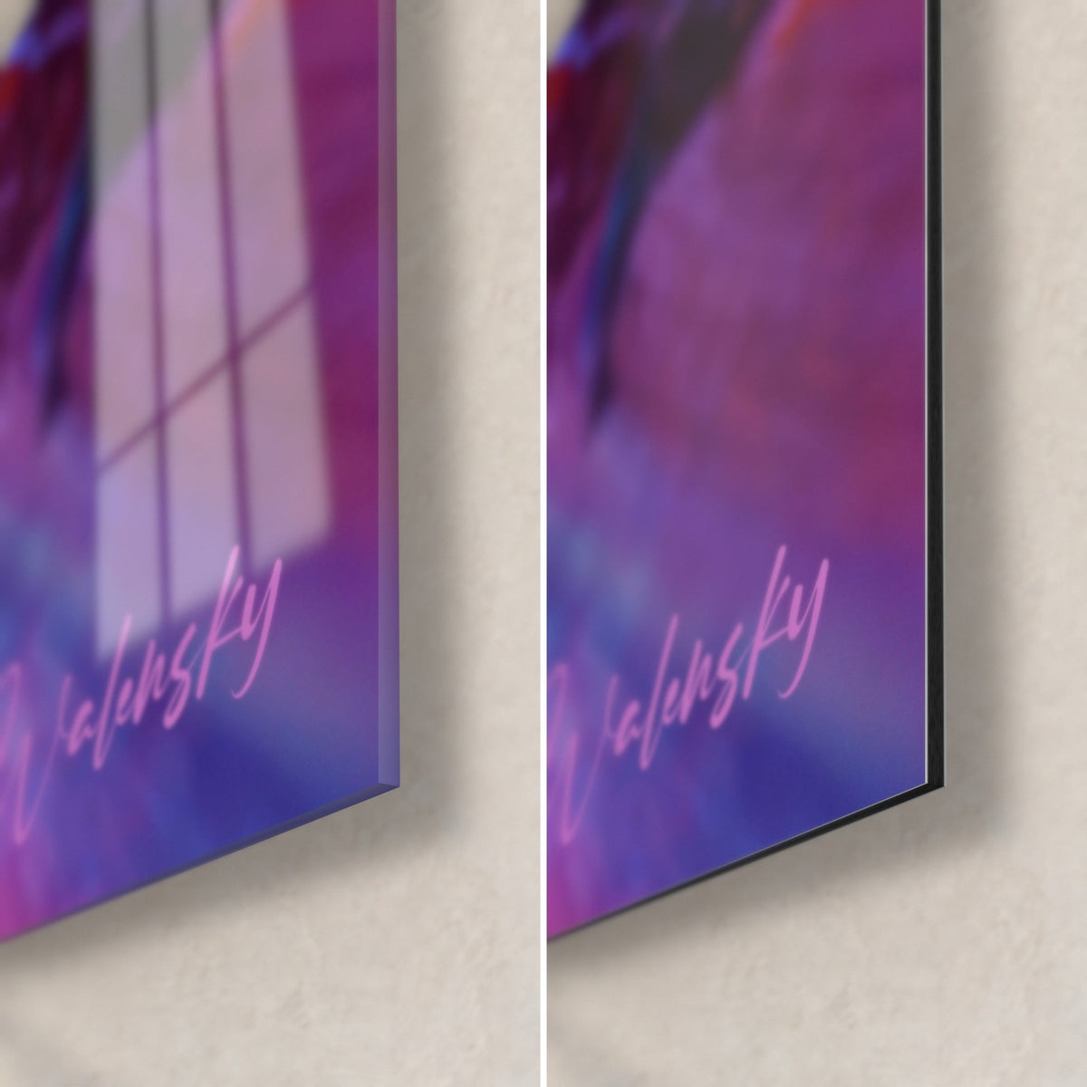 Tableau peinture abstraite magenta et bleu nuit, coin bas droit : verre brillant à gauche, Dibond mat à droite