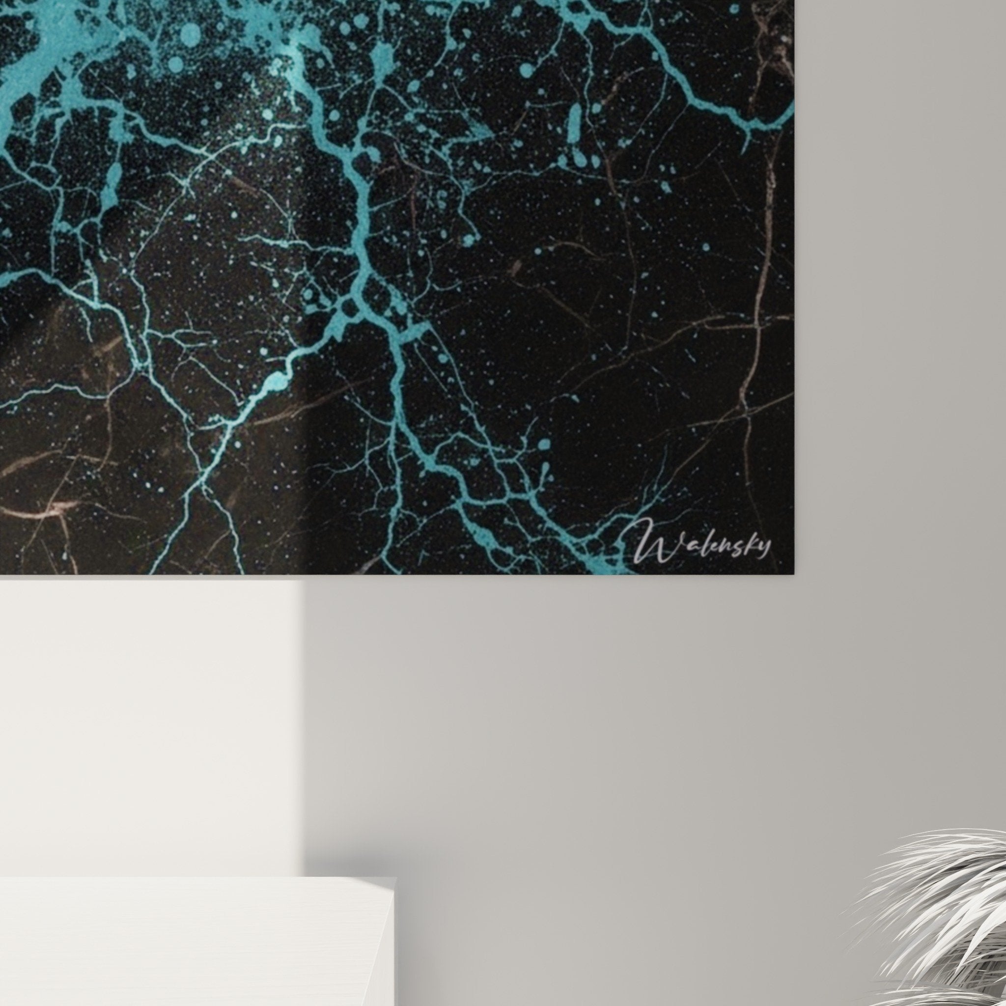 Overview abstract artwork black turquoise contrast wall art Japandi decor