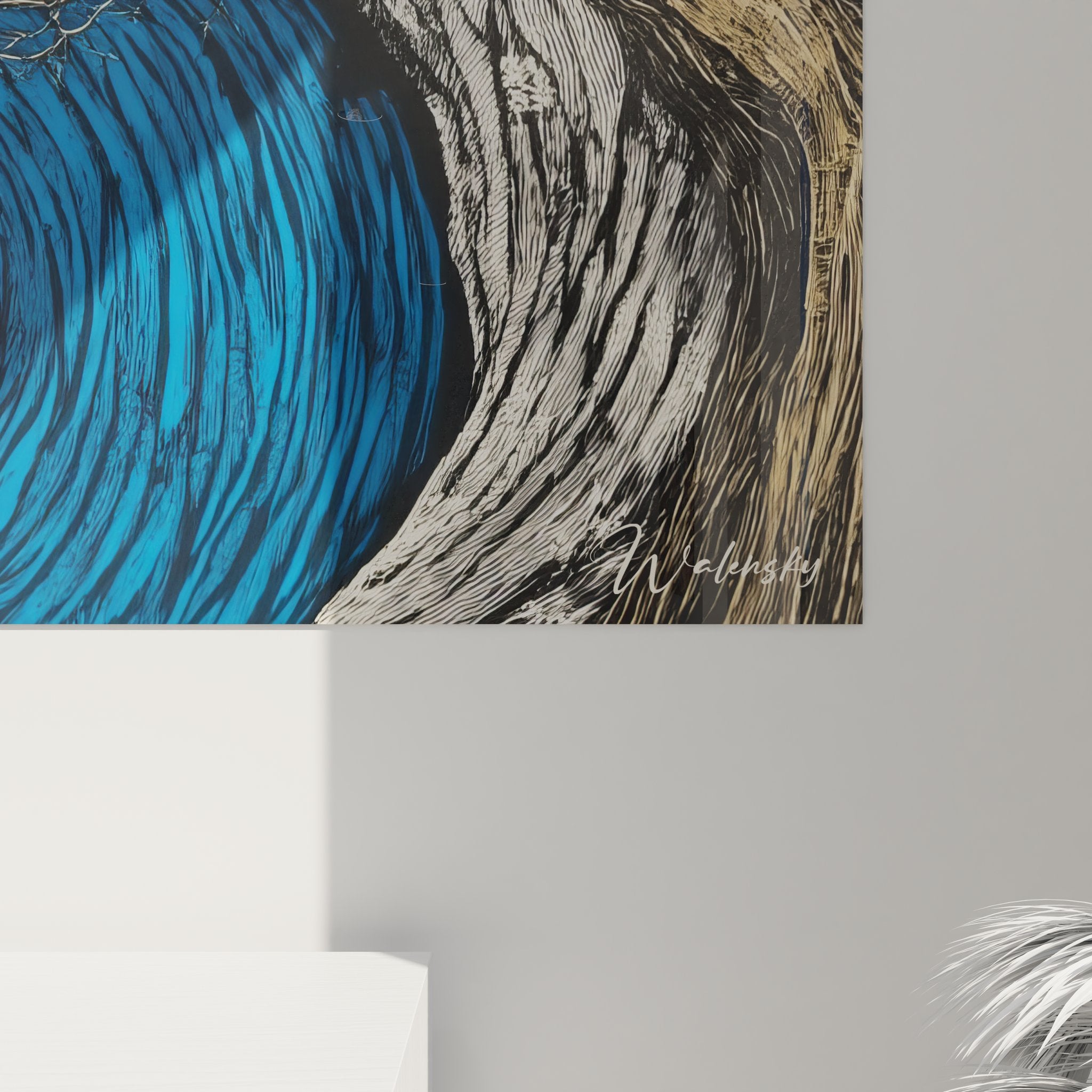 Vue ensemble tableau art abstrait eau avec spirale centrale et formations rocheuses gravées style contemporain