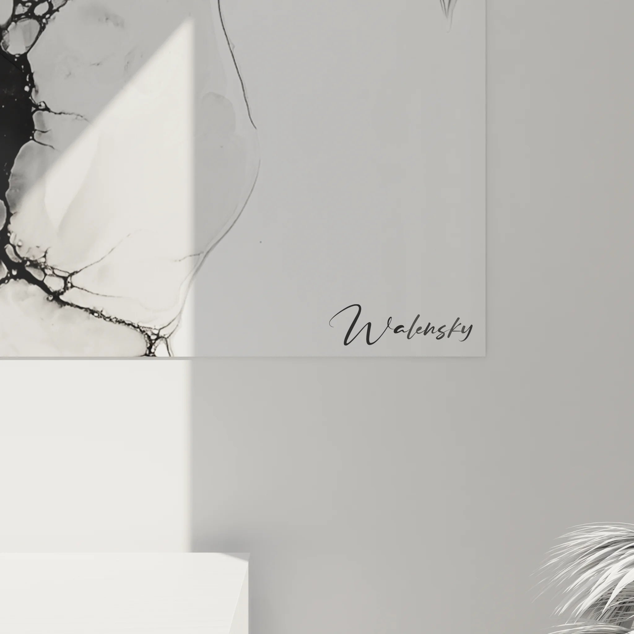 Vue ensemble tableau abstrait fluide noir blanc, art moderne minimaliste pour intérieur design contemporain