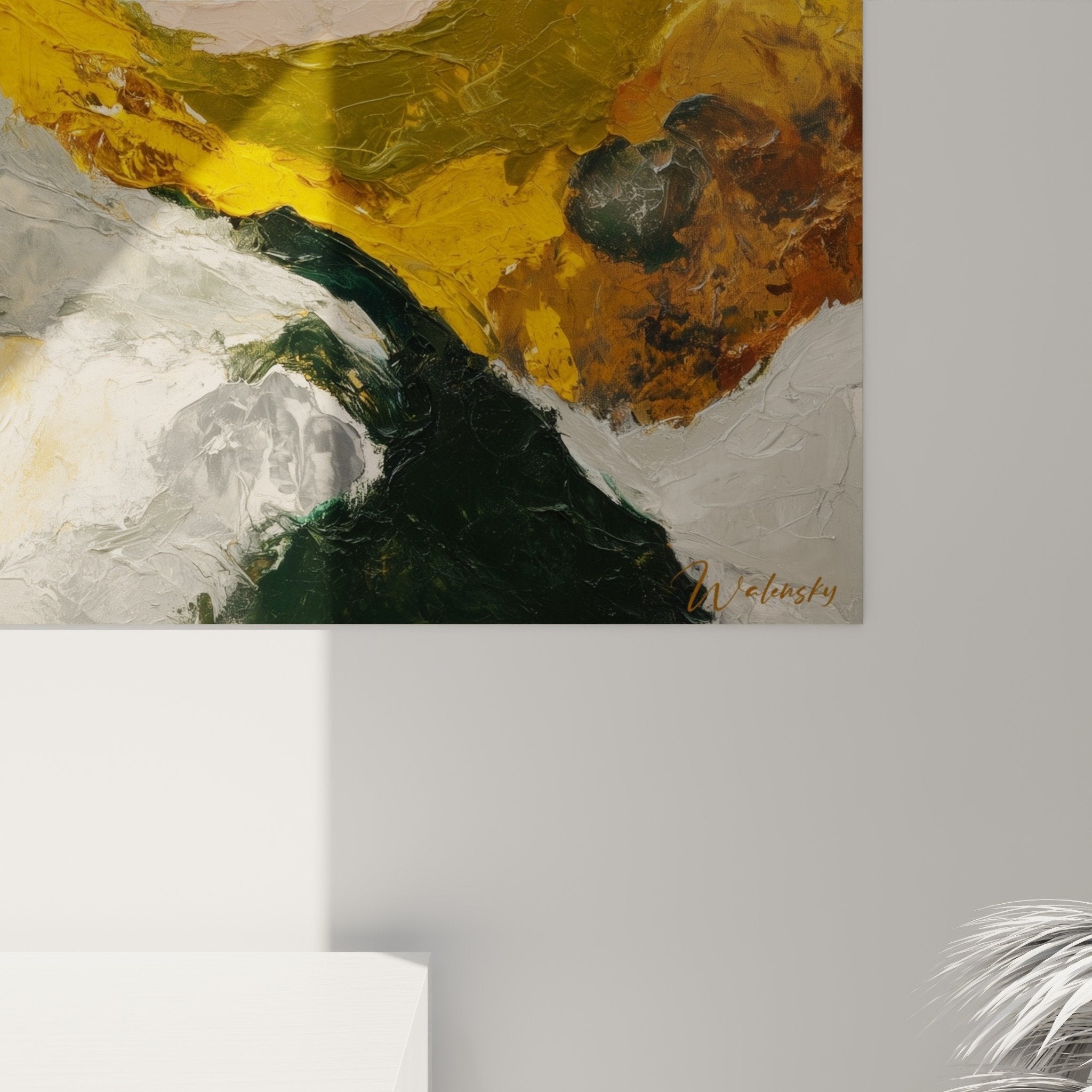 Vue ensemble tableau abstrait organique tons naturels décoration murale contemporaine feng shui
