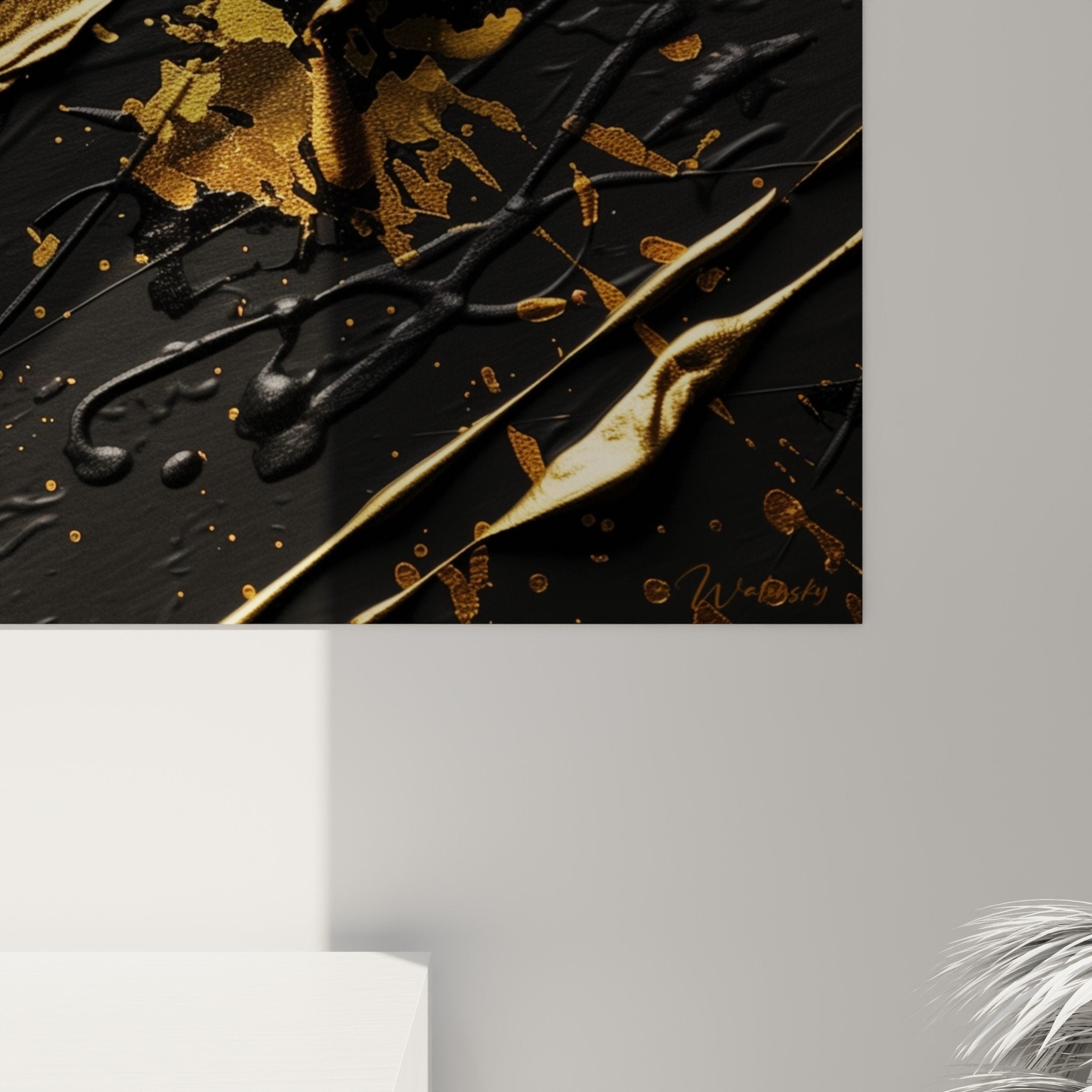 Overview of abstract black and gold wall art in contemporary interior - Modern decorative mural art