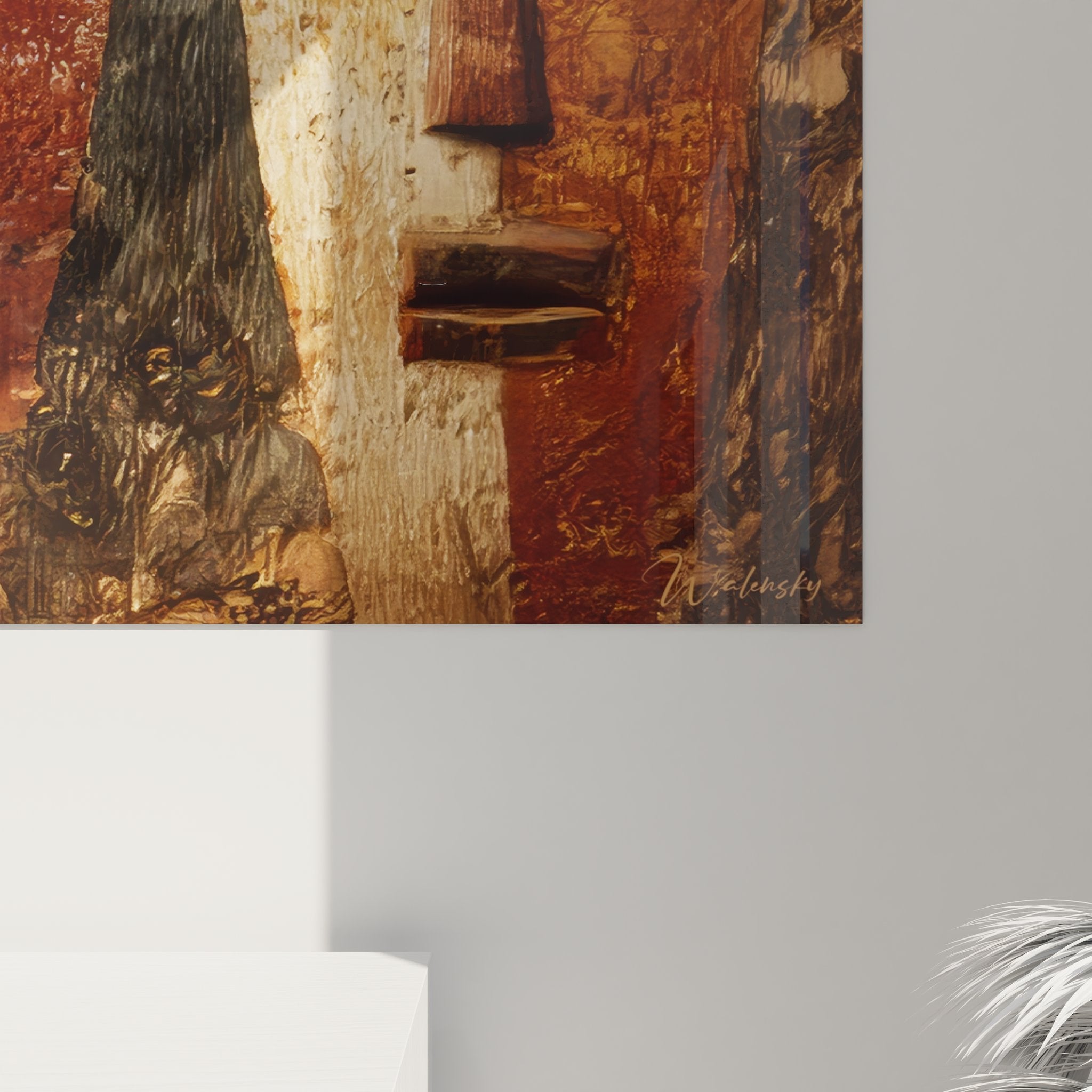 Vue d'ensemble du tableau masque africain avec ses couleurs terre et composition géométrique