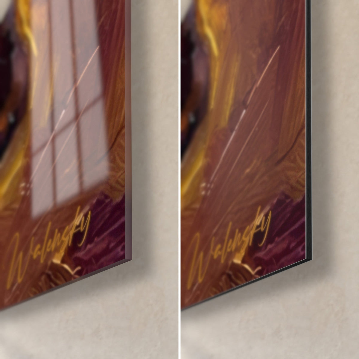 Wall art of a basset hound in thick paint, bottom right corner, golden signature on deep violet, glossy glass and matte Dibond