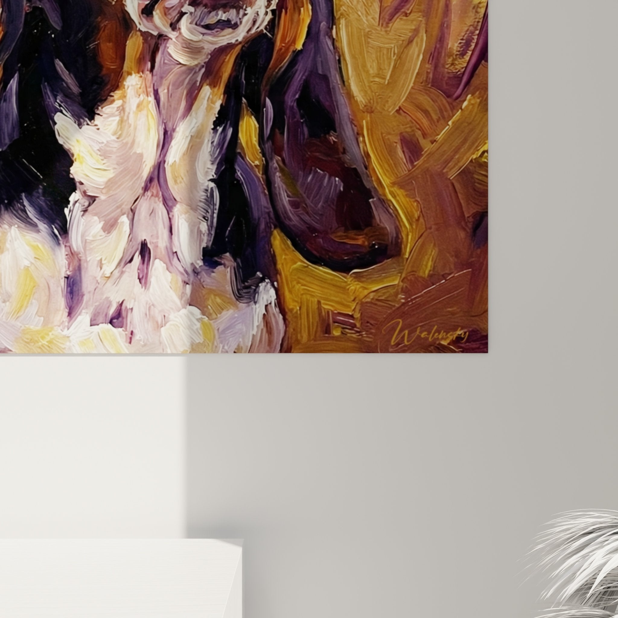 Artistic portrait overview Basset Hound warm tones contemporary interior