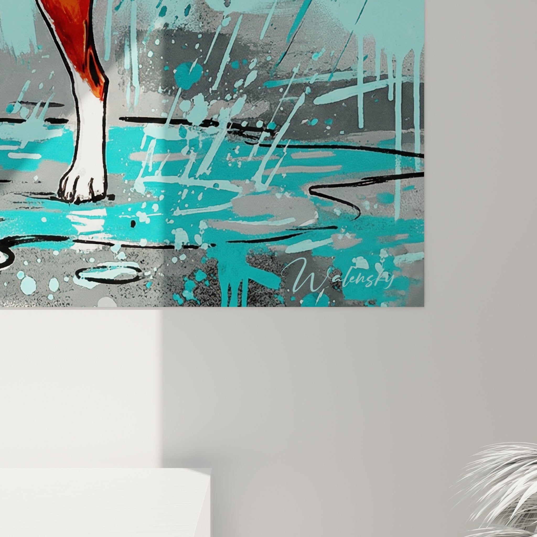 Overview stylized Basenji dog art canvas in rain turquoise rust white modern colors