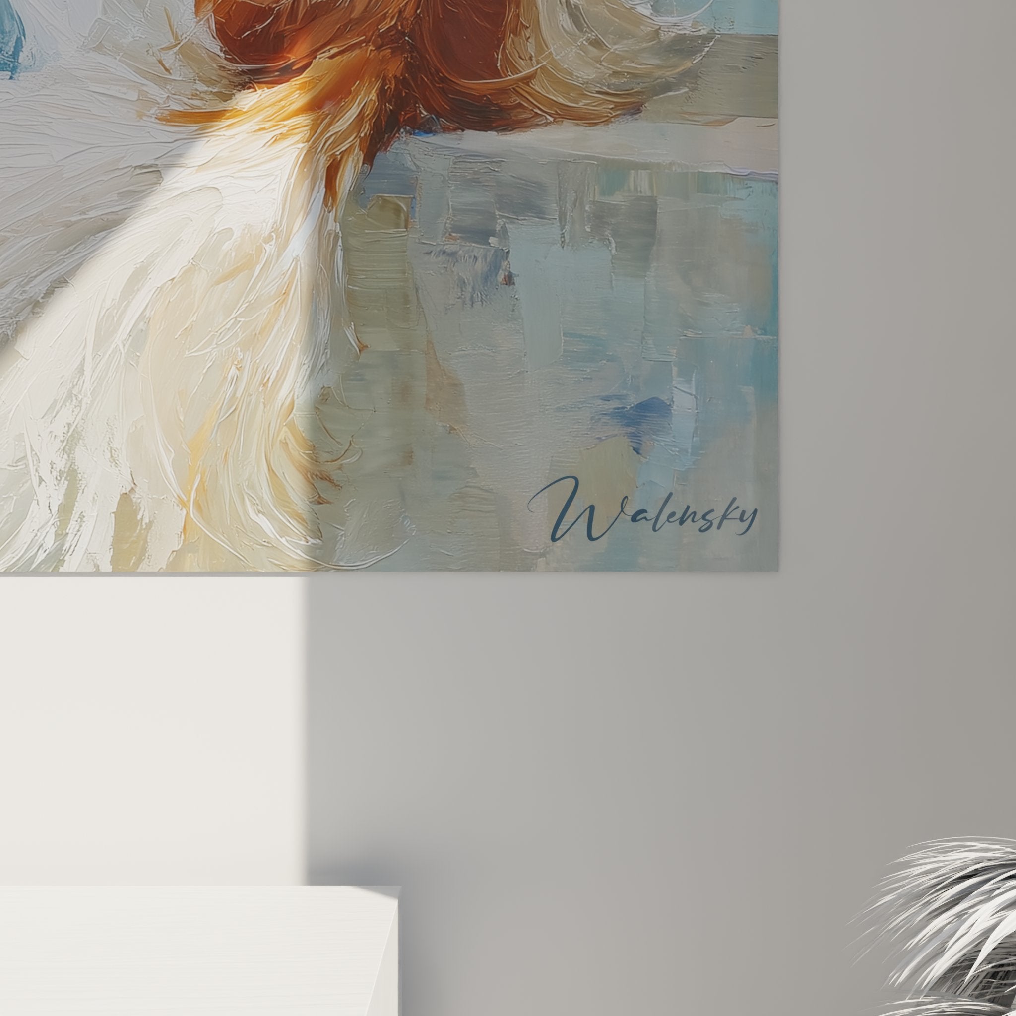 Vue d'ensemble tableau mural Cavalier King Charles, art canin contemporain, tons bleus et roux