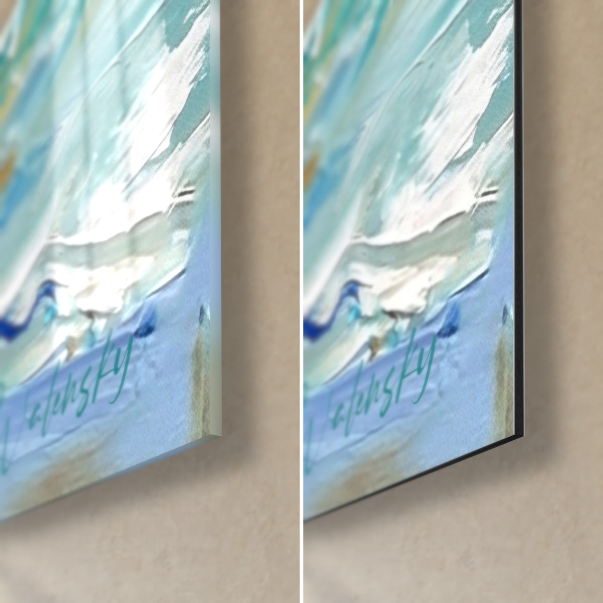 Tableau retrievers d'or éclaboussant la mer, coin bas droit : verre acrylique brillant et alu Dibond mat, tranche de 3 mm, bleu et crème