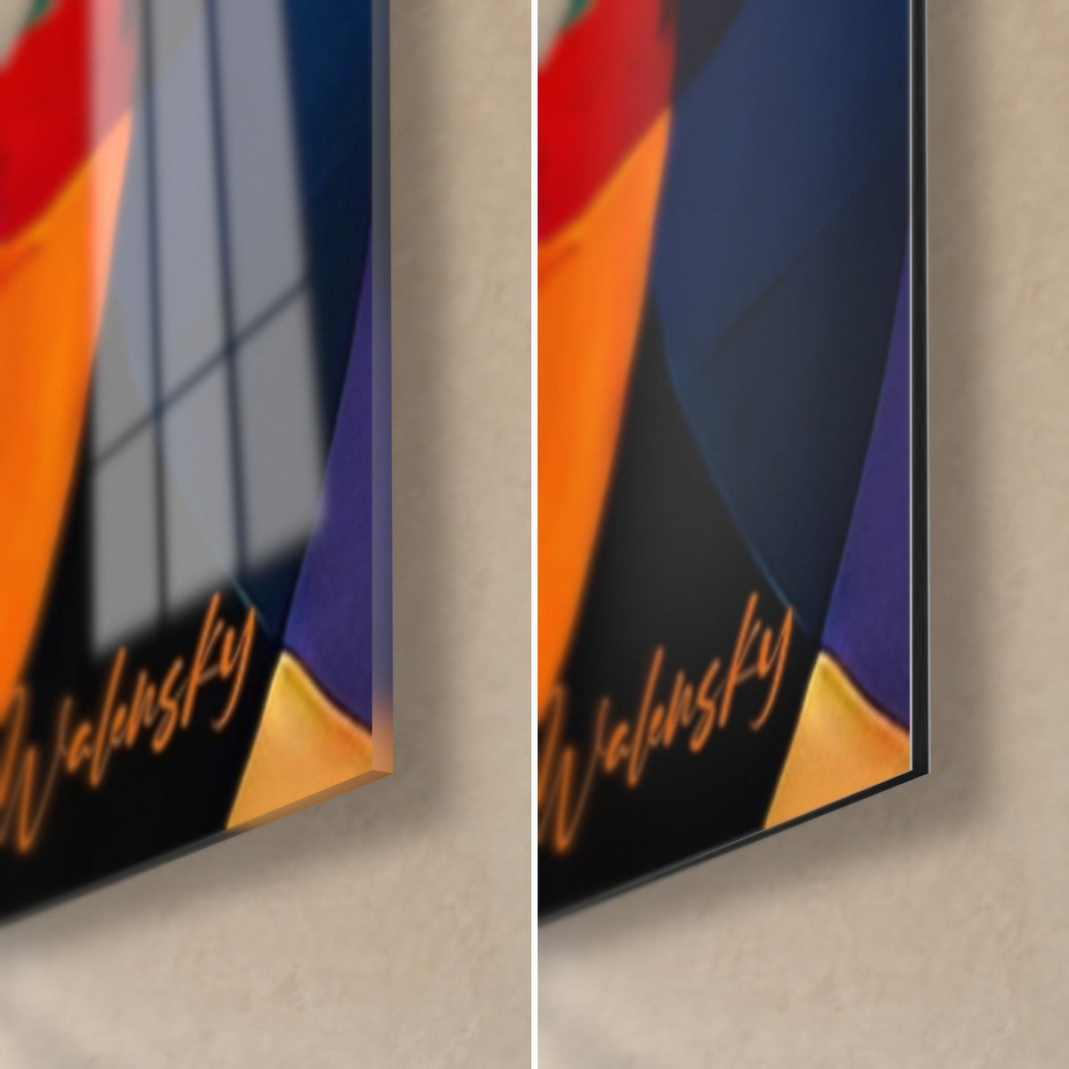 Wall art with a mosaic of red and navy blue circles, bottom right corner: glossy acrylic glass on the left, matte Dibond on the right