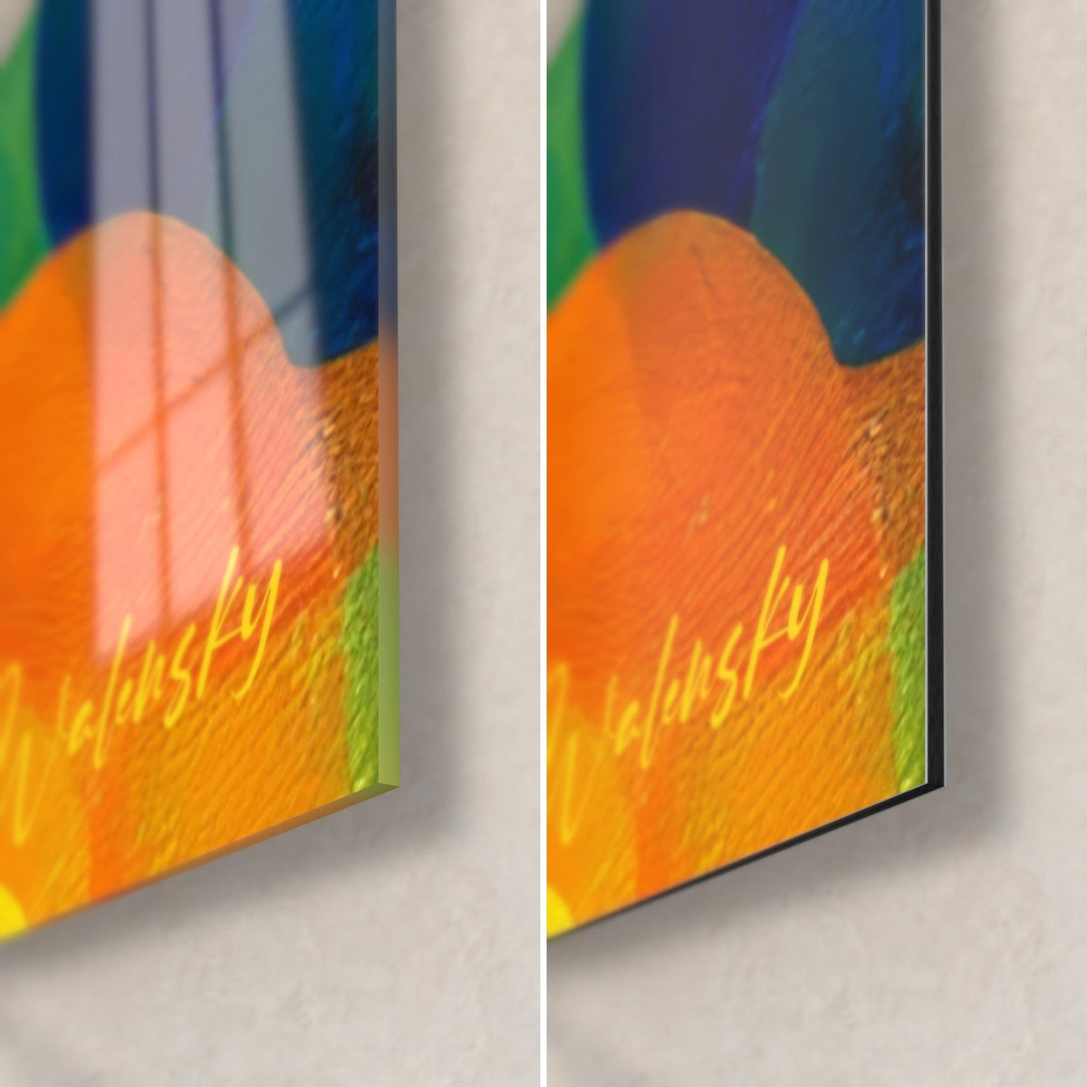 Tableau rosace orange pailletée de jaune, coin bas droit : verre brillant à gauche, Dibond mat à droite, tranche de 3 mm