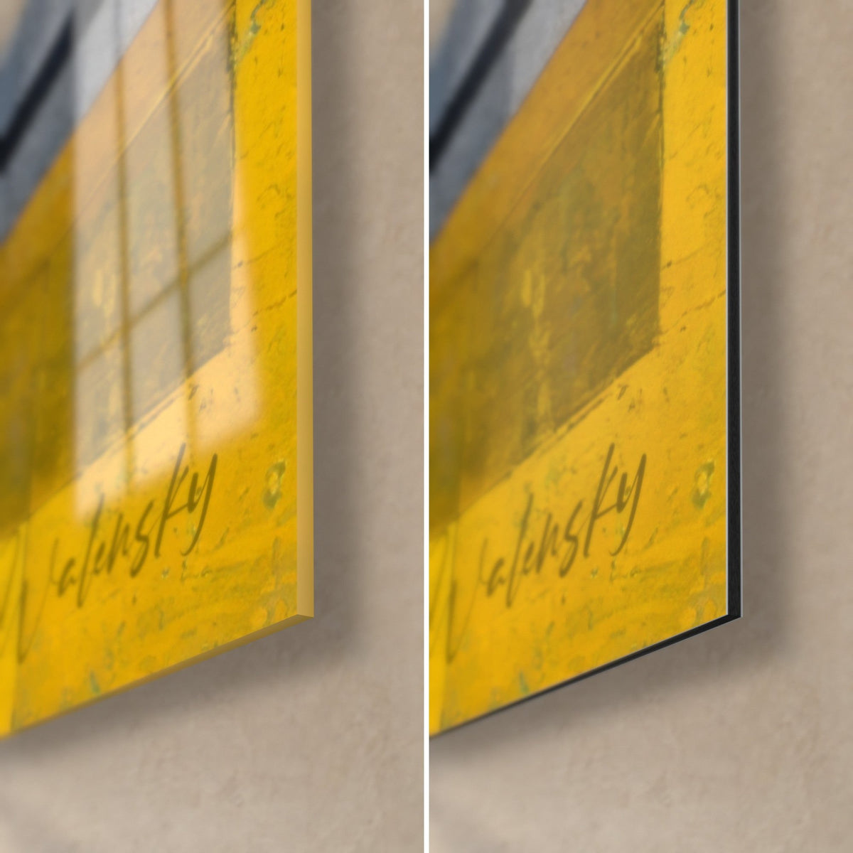 Tableau composition mécanique jaune, signature Walensky tracée dans le coin bas droit, verre acrylique brillant et Dibond gris mat