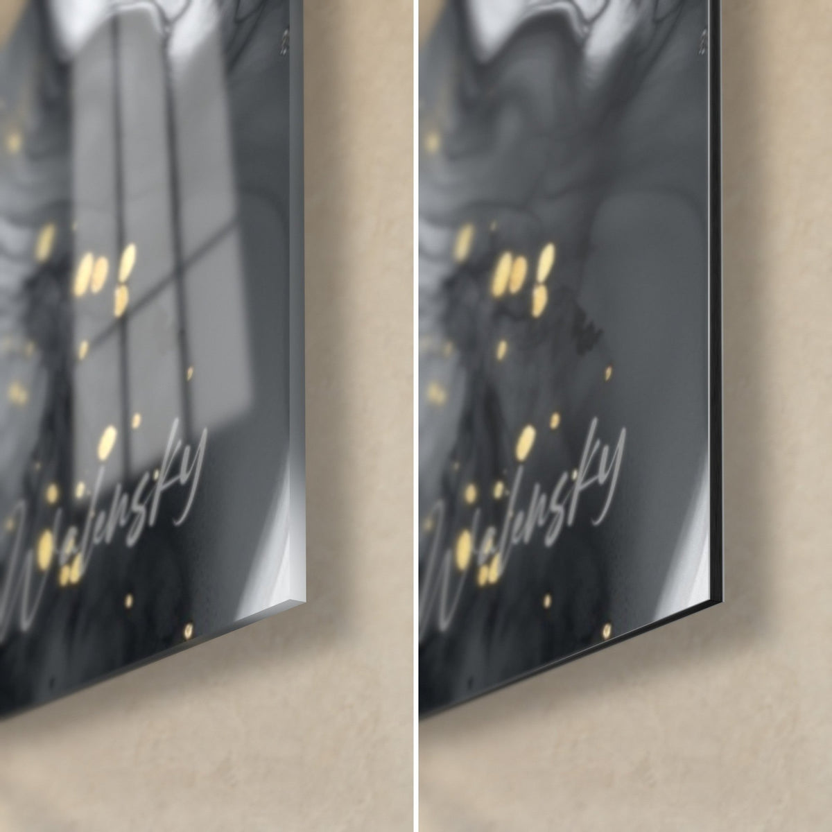 Cuadro en negro y oro, esquina inferior derecha: cristal acrílico brillante a la izquierda, Dibond aluminio mate a la derecha, canto de 3 mm