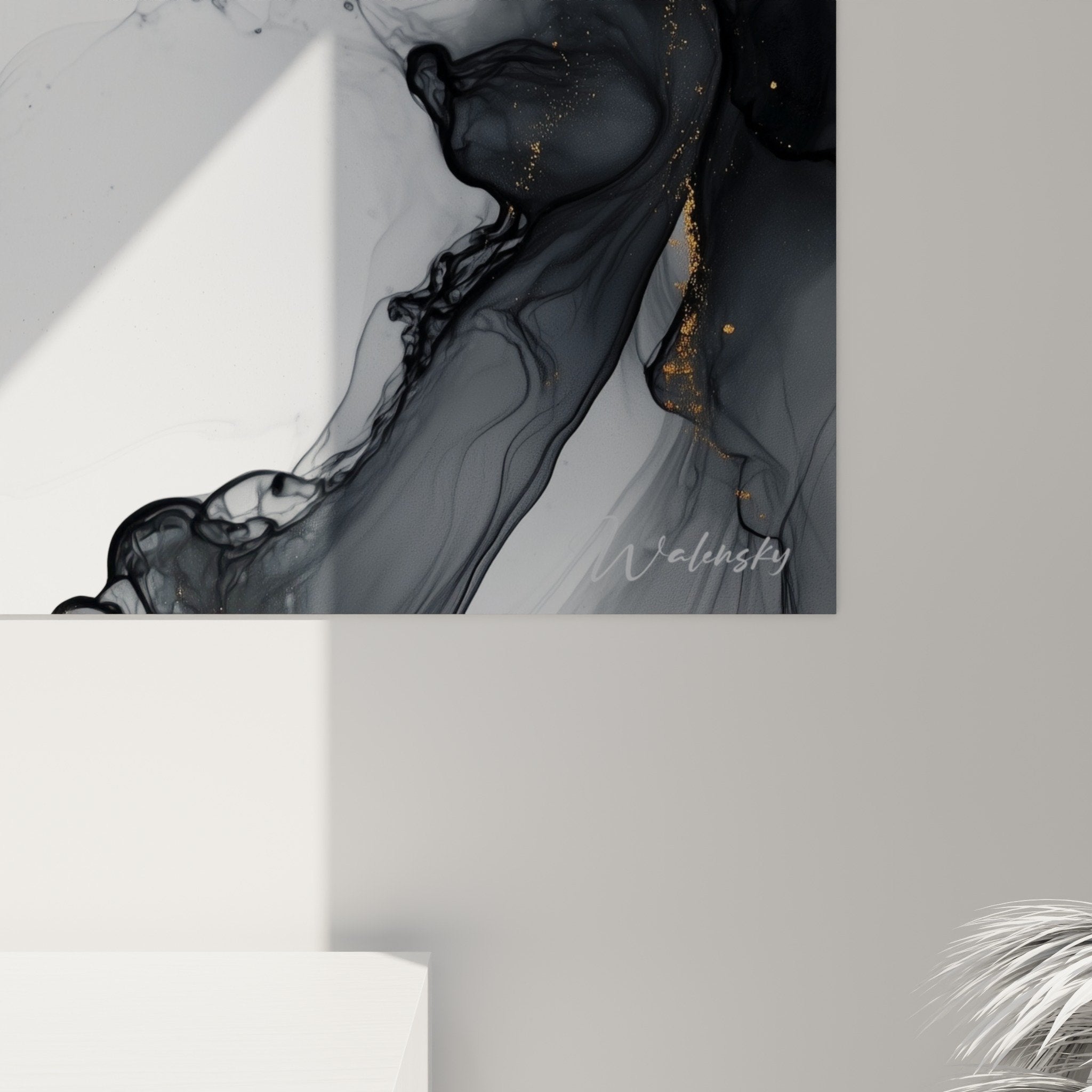 Vue d'ensemble tableau marbre abstrait noir gris doré composition fluide art contemporain mural
