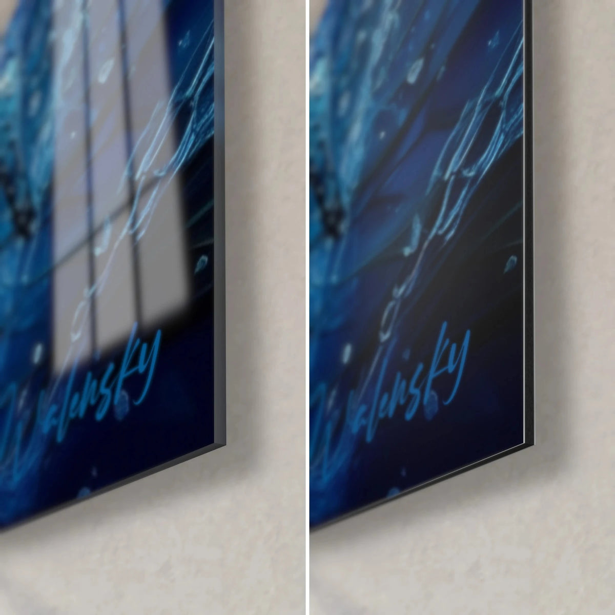 Gemälde Zahnweißer Hai, untere rechte Ecke: glänzendes Acrylglas links, mattschwarzes Dibond rechts, 3 mm Kante