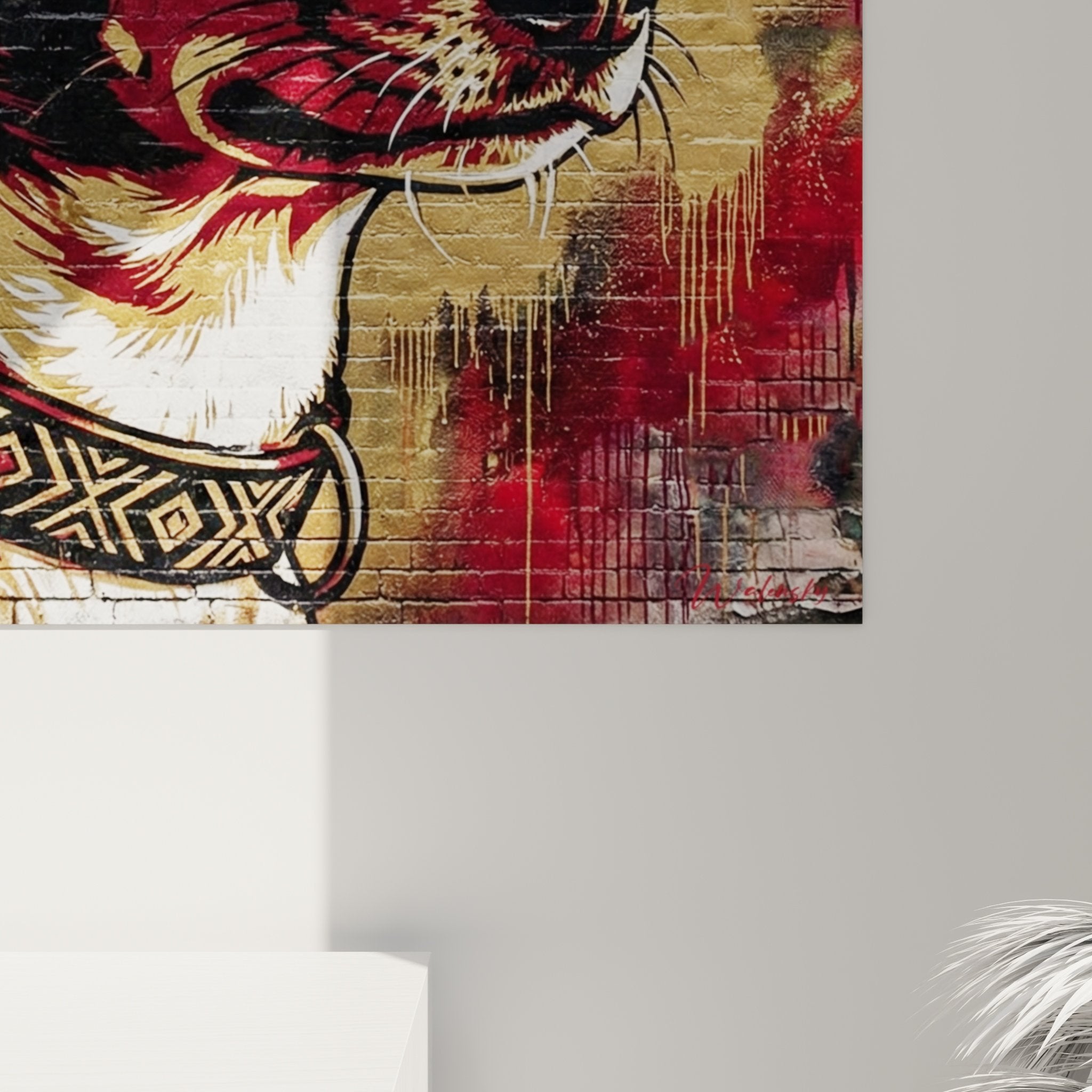 Basenji wall art overview on red bricks, contemporary urban dog portrait art
