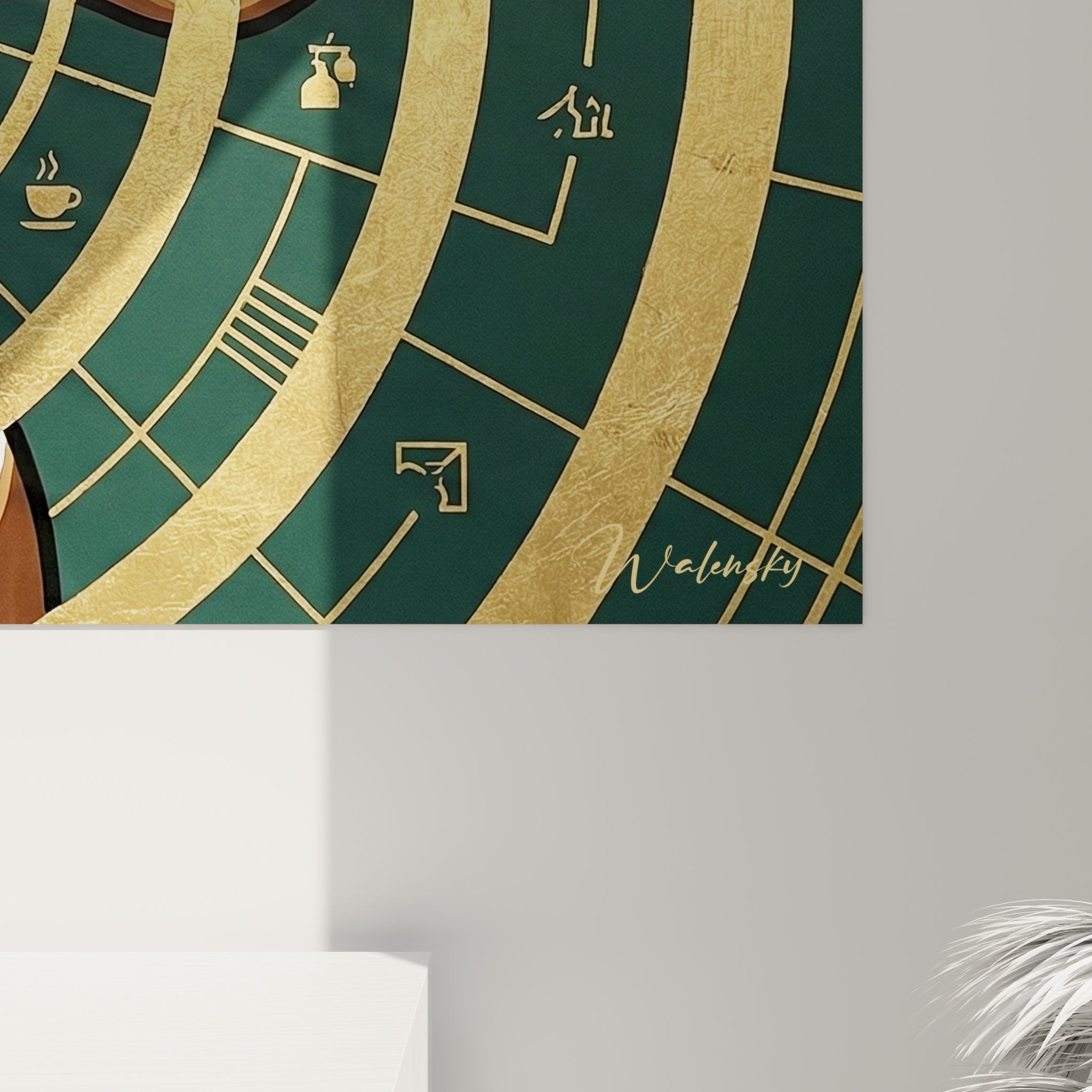 Vue d'ensemble œuvre d'art murale Basset Hound cosmique avec éléments géométriques dorés décoratifs